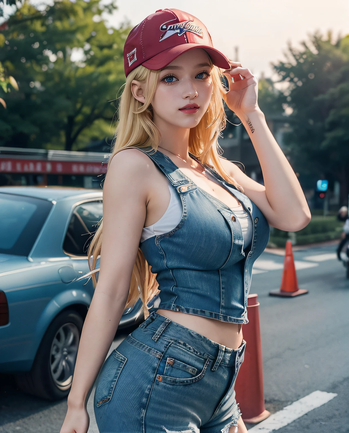 1girl, (Blue Eyes), seductive face, (Sana Minatozaki), wide hips, Big Boobs, big ass, (Best Quality, 8k, Masterpiece: 1.3), Clear Focus: 1.2, Perfect Body Beauty: 1.4 , Slender Abs: 1.2, Highly detailed face and skin texture, detailed eyes, double eyelids, (blonde ponytail hair), white top, (red vest :1.2), torn jeans, (red sports cap :1.3), walking, (in a night alley :1.1)