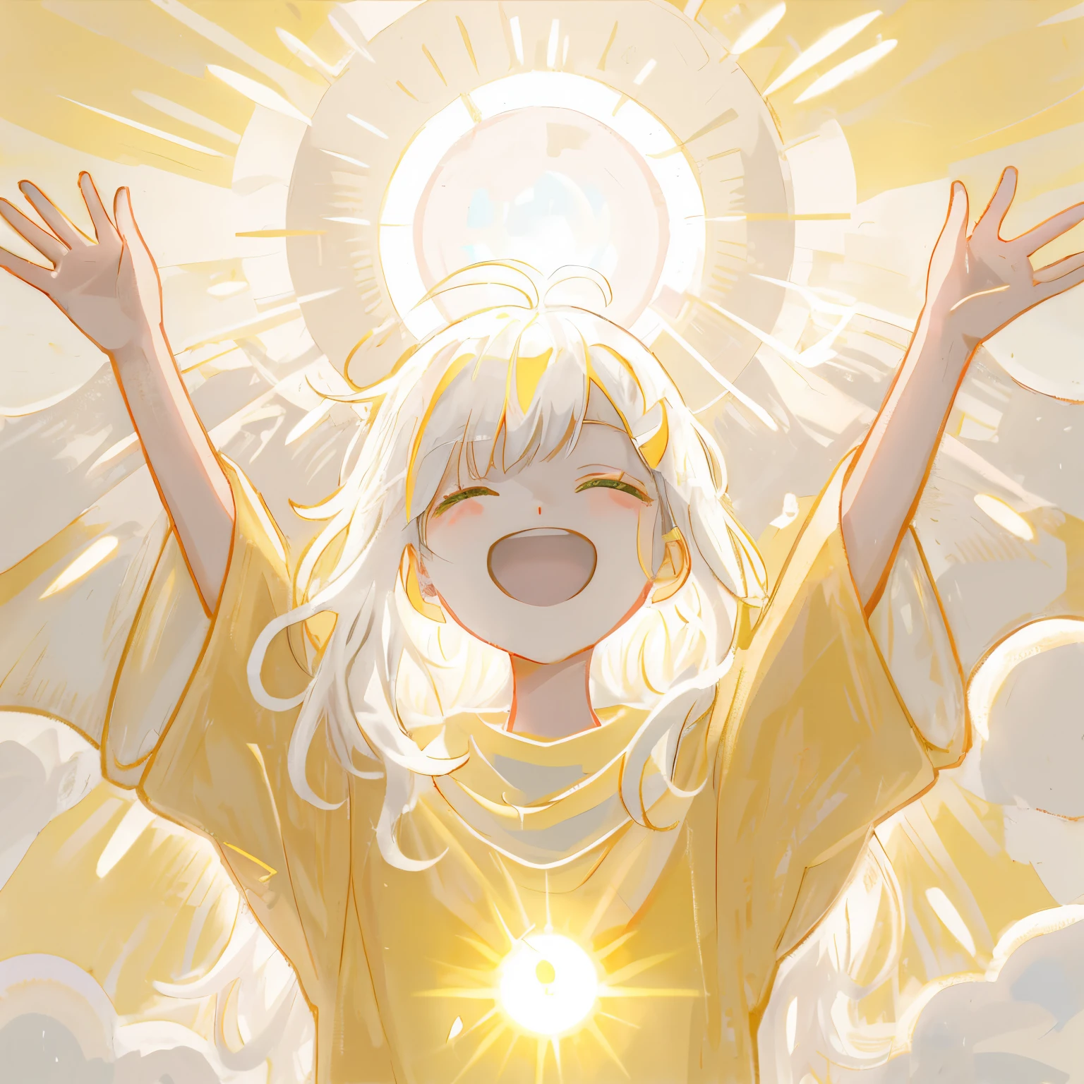 animemanga girl,White hair,stretch your arms into the air, praise the sun, white-haired god, parched,and the sun was shining brightly, god of the sun, divine sun rays, Divine light passed over her head, holy halo, A glowing halo appears above the head, sun behind him, praise the sun, lewd poses(raise both arms + cheerful), Divine light, sunny time,many color,Colorful,One color