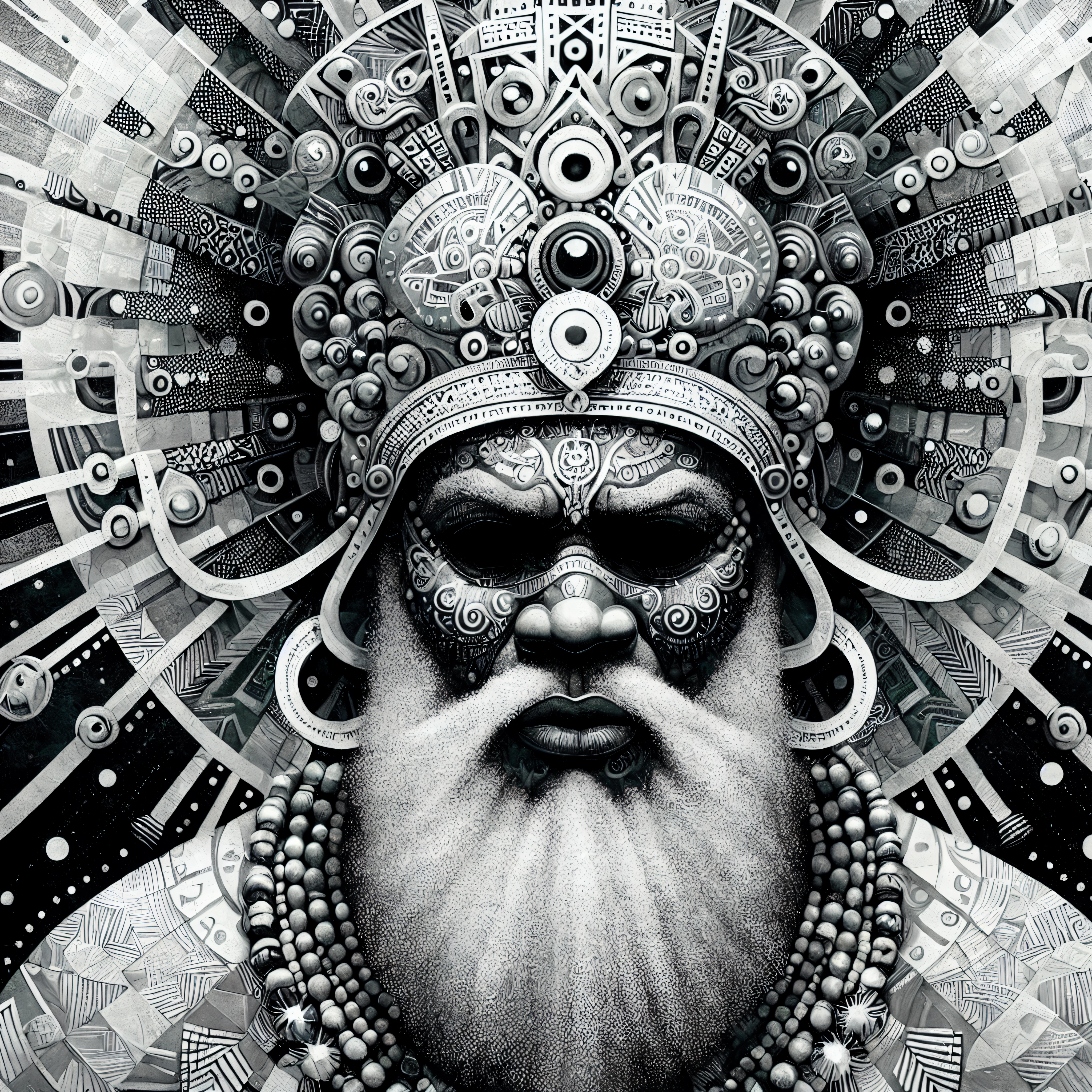 um desenho em preto e branco de um homem com barba e um grande cocar, hyper detailed visionary art, hyper - detailed visionary art, highly detailed visionary art, visionary art style, deus rei da arte ai, O Deus Imperador da Humanidade, arte psytrance, art deco shaman, arte digital de detalhes surpreendentes, visionary art, arte digital elaborada, arte digital ultra detalhada