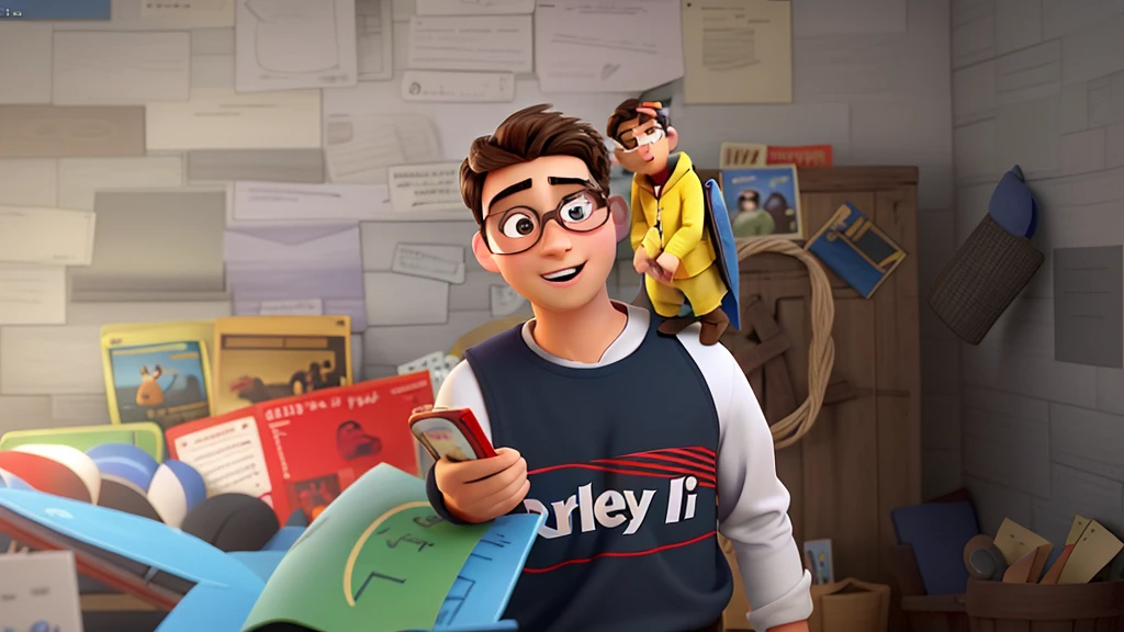 estilo poster de filme pixar, Young Christian Man Preaching Bible to a Crowd, de oculos redondos, falando eloquentemente, cabelos castanhos e ondulados,