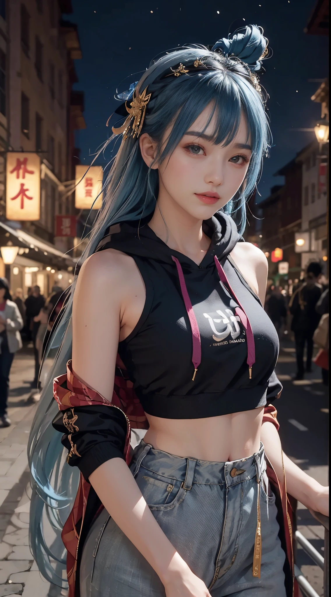 1girll,hoody,Blue hair,ssmile,Extra-long hair,cropped shouldereathers hair ornament,城市,the night,exteriors,8k,masterpiece,Winning works,