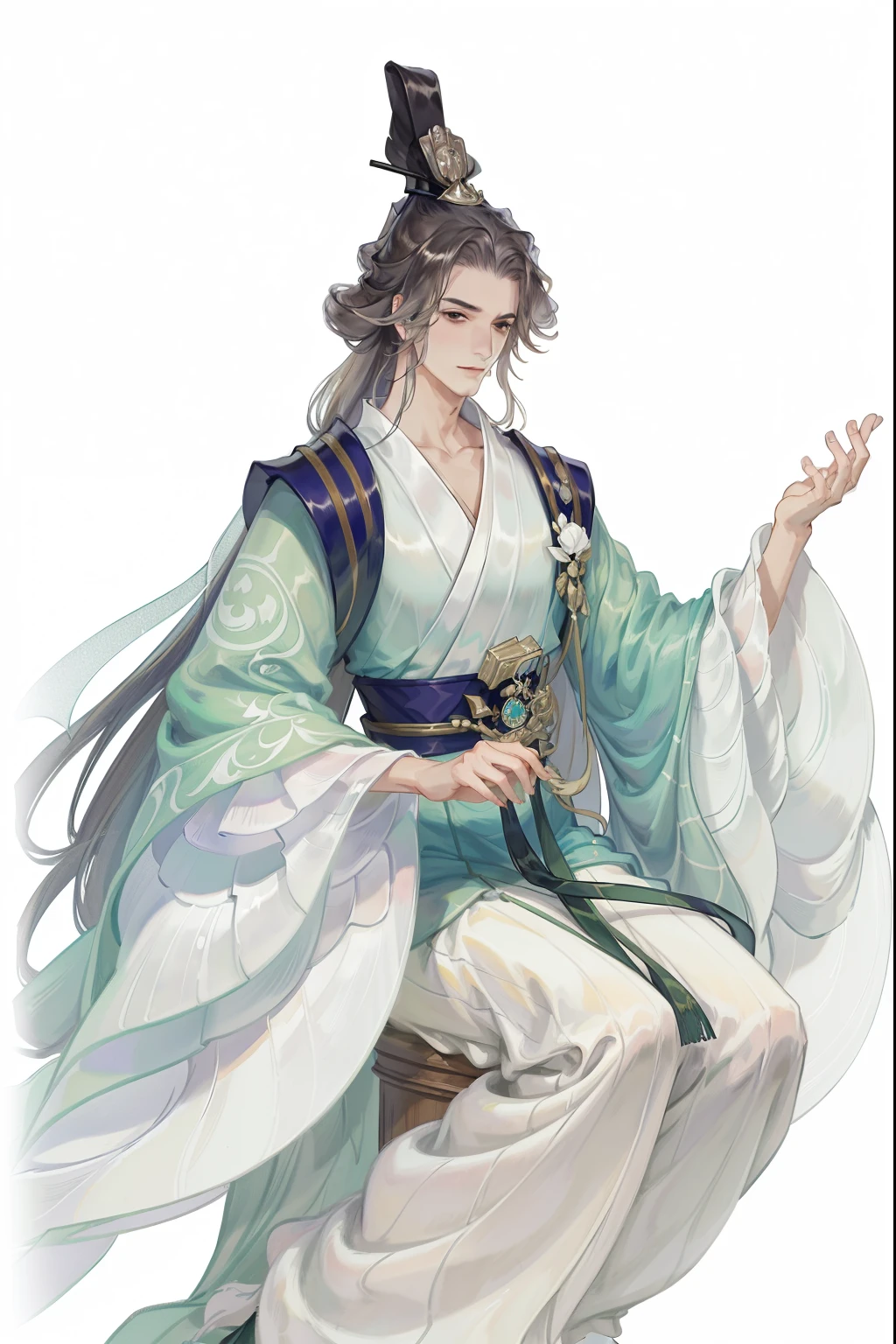 (((tmasterpiece, Best quality, 超高分辨率, CG unified 8K wallpaper, Best quality at best, ultra - detailed, ultra HD picture quality))), 1 persons, Long white hair, game prince, Green clothes, Hold the scroll, Hanfu, yarn, flowing gauze, jewely, Nice face, beautidful eyes, Beautiful hairstyle, Beautiful costumes, Structurally sound