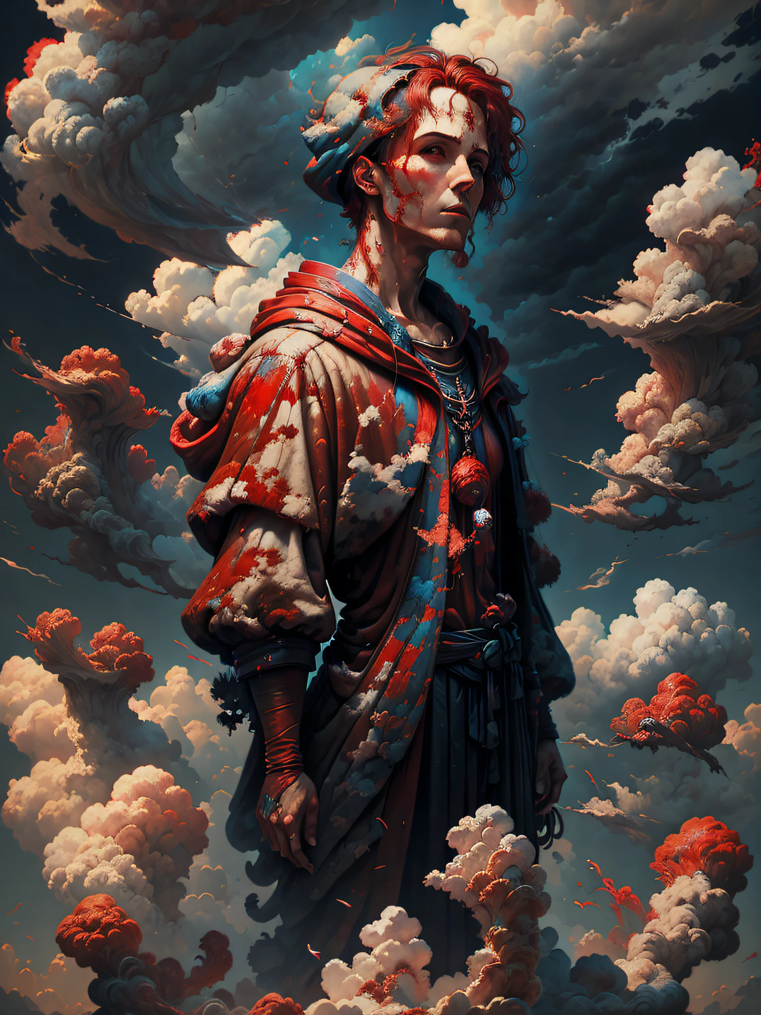 Solo exhibition， 1 boy， The stands up， malefocus， redheadwear， cloud， Hooded， standing back， Cover of a， Look at the nearby clouds and sky， Draw one