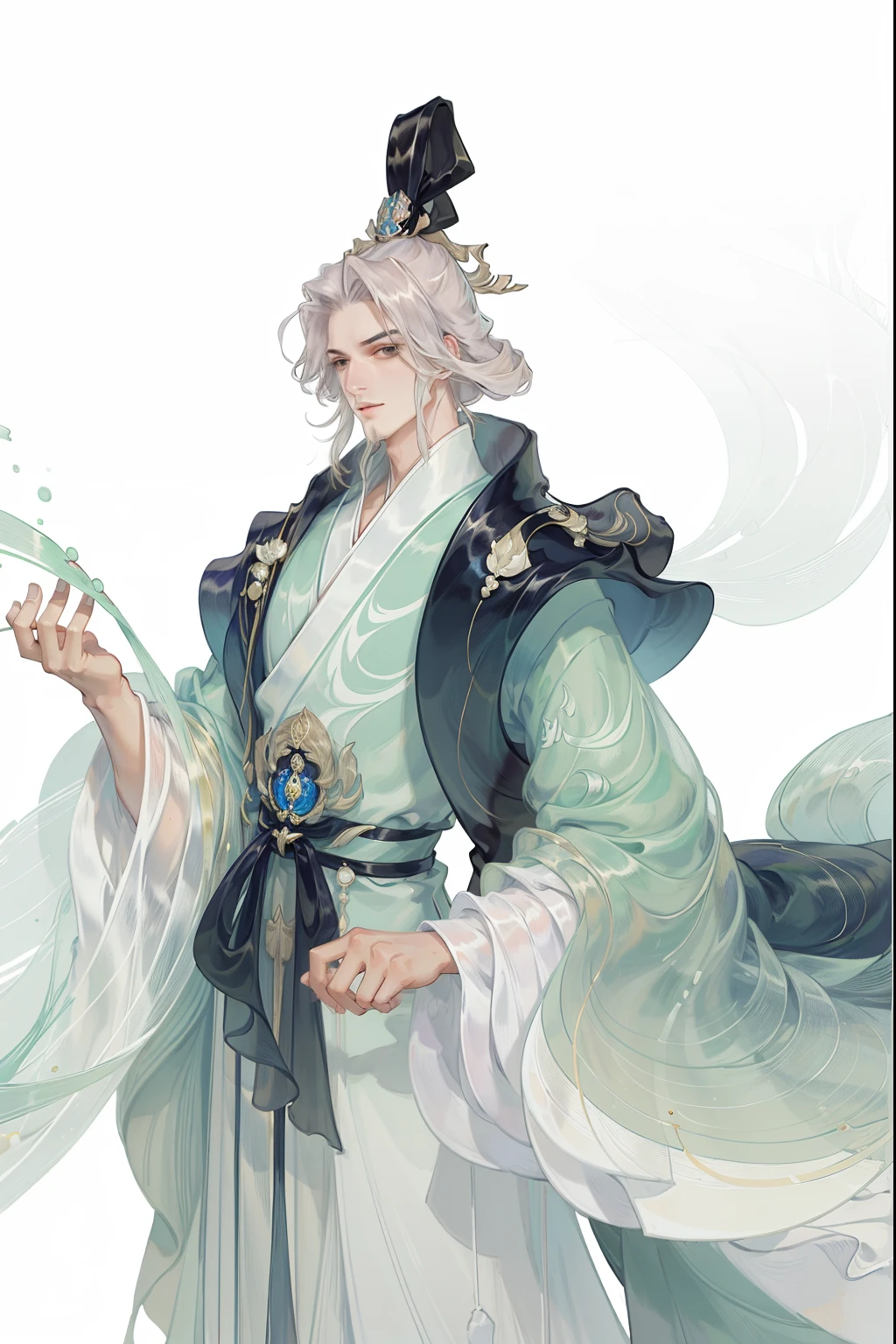 (((tmasterpiece, Best quality at best, 超高分辨率, CG unified 8K wallpaper, Best quality, ultra - detailed, ultra HD picture quality))), 1 man, Long white hair, game prince, Green clothes, Holding a scroll, Hanfu, yarn, flowing gauze, jewely, Handsome face, beautidful eyes, Beautiful hairstyle, Beautiful costumes, Structurally sound