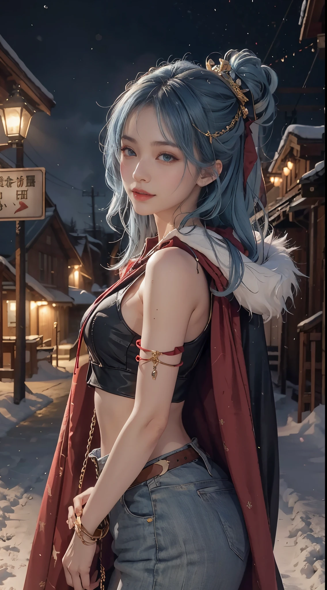 1girll,hoody,fur cape,Blue hair,ssmile,Extra-long hair,cropped shouldereathers hair ornament,城市,the night,snowfield,Blizzard,exteriors,8k,masterpiece,Winning works,