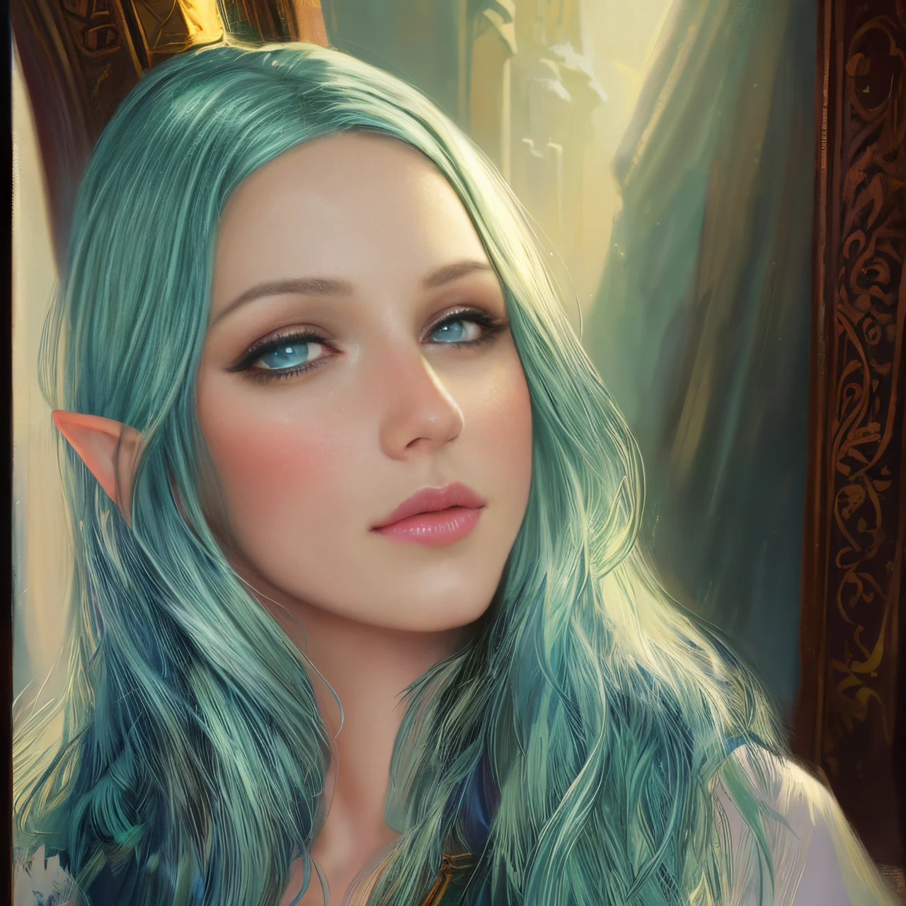 painting of a woman, reading a book in front of the Christmas tree, RPG Book Portrait, Masterpiece! Portrait of Arwen, portrait of an elf, Book portrait, portrait of an elf, inspired by Magali Villeneuve, Fantasy genre portrait, in the art style of bowater, detailed character portrait, Lúthien, kramskoi 4 k, fantasy art portrait, Cyan eyes,