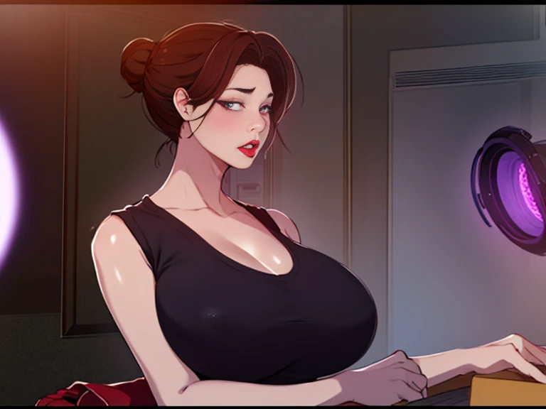 masterpiece:1.5, best quality:1.5, aesthetic, 1girl, sidelocks, cinematic lighting, sharp focus,large breasts , mature female, horny ,16k, glowing eyes, detailed 4k eyes, playground,seduction,sexy lips, parted lips,detailed lips, red lips, high detailed background,((big purple eyes)), detailed face,shiny skin, auntjunev3,auntjune,,hair bun, bangs, messy hair, solo, brown hair, breasts, sleeveless, looking at viewer, large breasts, bag, brown eyes, holding, bare shoulders, indoors, super tight shirt, cleavege, exposed breastes, sticking out tunge