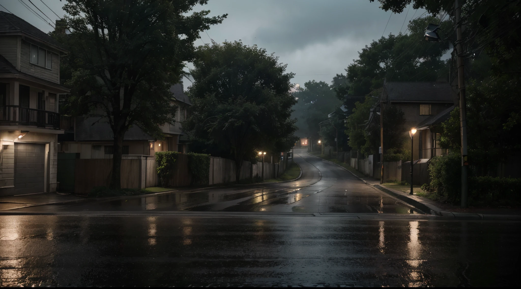 "(best quality, highres, photo-realistic:1.37), rain-soaked, dimly lit street, trees lining the sides, paved road, houses in the vicinity, mysterious atmosphere, 2 cars passing by, one with headlights off, and the other with headlights on"