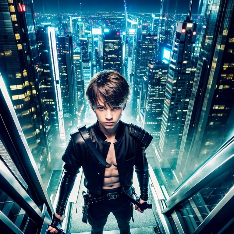 1boy,(20 years old boy:1.5)、Black attire、Blonde blue-eyed、Japanese Katana Sword、Overhead view of the composition、The beginning of the adventure、futuristic cities、Beautiful and fantastic scenery、Cinematic scenery、Full body photo