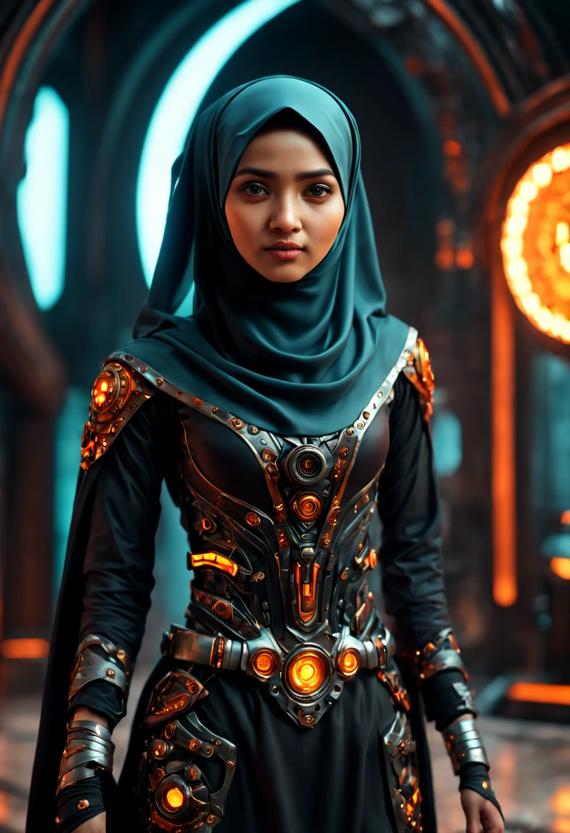 ((best quality)), ((masterpiece)), ((realistic, digital art)), Hyper HD, (hyper detailed), RAW Photography, (Perfect Body Shape), DonMCyb3rN3cr0XL Hijabi Malay female Techno-witch, octane rendering, raytracing, volumetric lighting, Backlit, Rim Lighting, 8K, HDR,