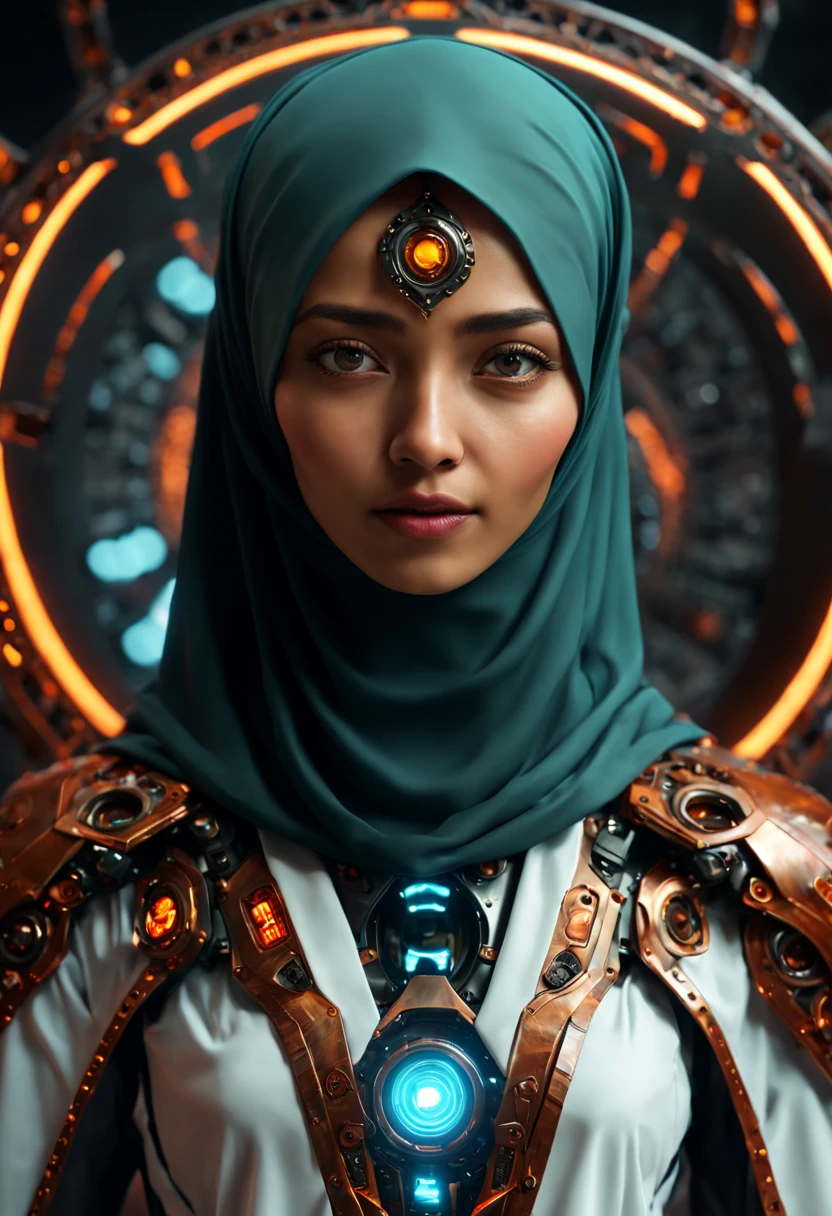 ((best quality)), ((masterpiece)), ((realistic, digital art)), Hyper HD, (hyper detailed), 1 Girl, Off Shoulder, Cinematic Lighting, RAW Photography, (Perfect Body Shape), DonMCyb3rN3cr0XL Beautiful Hijabi Malay woman Techno-witch, octane rendering, raytracing, volumetric lighting, Backlit, Rim Lighting, 8K, HDR, Dynamic Poses, Mechanical Face, Mechanical Arm, Sit on Ledge, Machinery Background, Modest Outfit