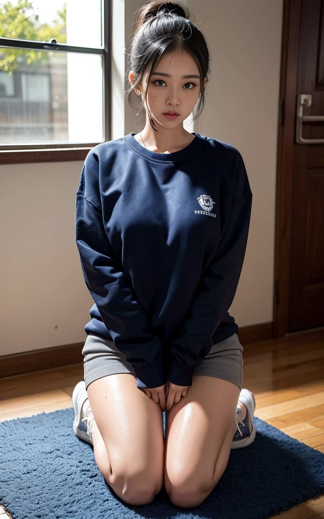 one-girl, Kneel on the court after school, ((with whole body visible)), away from the viewer.
Kneel down on one foot and pray,
She sweating profusely, Wet with, soaking. Clothes are, Sweat on the skin, Wet hair.
She has a black ponytail.The large,,cover her hands, she wears a school uniform, Rolled up blue collar white shirt,(Wearing a colorful corduroy sweatshirt underneath), shorter pants, Obedient sister,Can't refuse,Carpet full body pictures