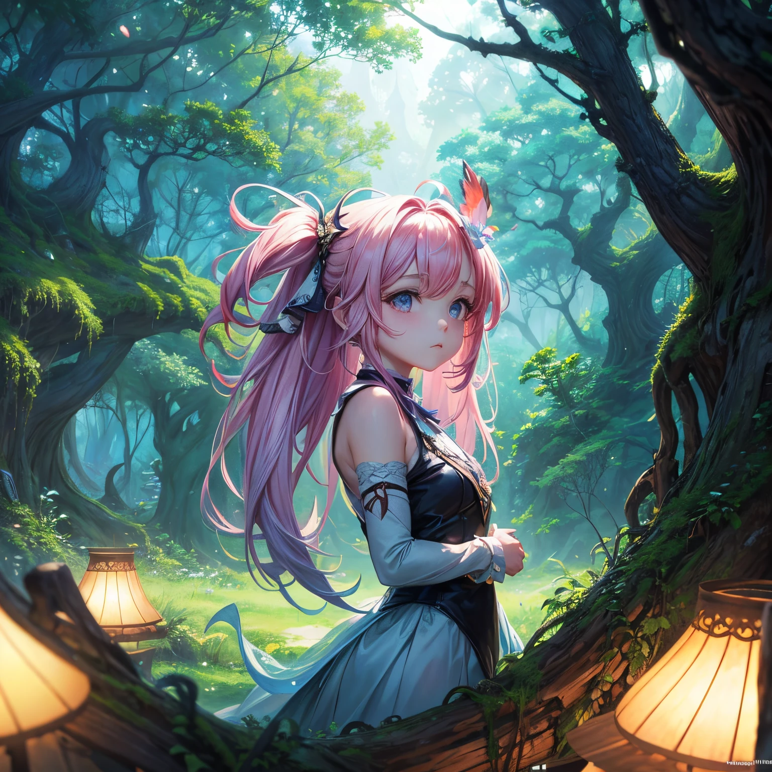 an ancient forest, with extreme delicacy、High-quality digital painting technology presentation, Reach 8K resolution. This work has attracted attention on ArtStation for its sharp focus, Rich light variations, and a very complex and detailed central composition.. Inspired by artists like Lois van Baarle (loish), Ilya Kuvshinov sty, and Studio Ghibli, The style presents a chibi-kawaii aesthetic,The tones are pastel,watercolor.
