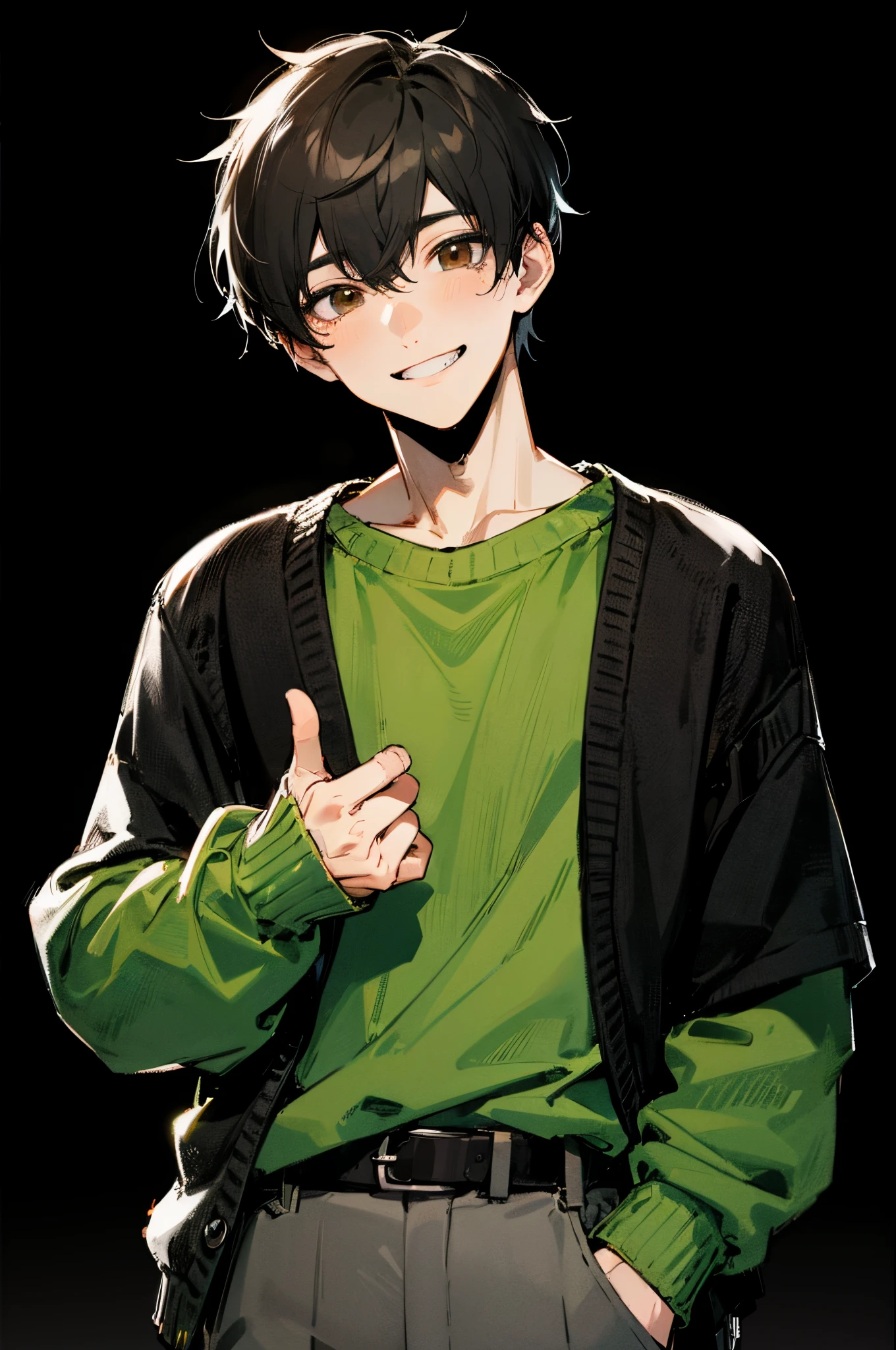 Delicate eyes、Eyes as clear as a turtle&#39;s&#39;S&#39;S&#39;S&#39;S&#39;S&#39;S&#39;S&#39;S&#39;S&#39;S&#39;S&#39;S&#39;S&#39;shell of、black hair shorthair、Pixiv style vertical high quality illustration of a beautiful young man with brown eyes, Show your teeth and smile, in a slightly faded state, Soft style. he is wearing a bright green sweater, black overshirt, dark gray baggy pants. The young idol   a 🤙 hand geSture while holding a microphone, And poses. black in the background, Soft、Has a slightly faded effect、Gives a gentle and artistic impression。.