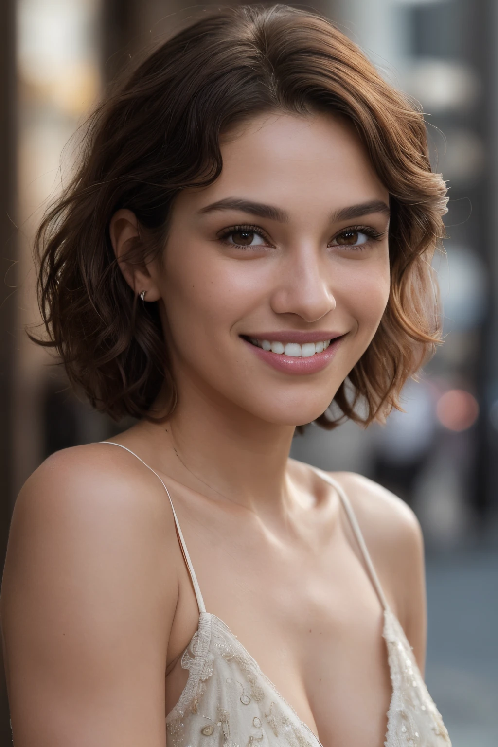 Breathtaking cinematic photo of a 30 year old girl with brown hair and brown eyes, happy, cheerful, big smile with beautiful teeth, beautiful lips, intricate details, shallow depth of field, highly detailed, high budget Hollywood film, epic, beautiful, filmic grain, masterpiece, award-winning, professional, highly detailed, detailed skin texture, (blush: 0.5), (goosebumps: 0.5). (the most beautiful woman in the world) (brown hair) (short curly hair, wild hair, stylish cut) thin face, thin nose, beautiful, very beautiful, perfect face, slender body (slender), (brown hair) (brown eyes ) (white skin) Beautiful body, western face, predatory eyes, pink lips, thick thighs. full body, western beauty, thin nose, beautiful, perfect, ((best quality)), ((ultra resolution)), ((photorealistic: 1.4)), (intricate details), perfect face, makeup: 1.5 , clear face, facial details. front view ((beautiful dress))