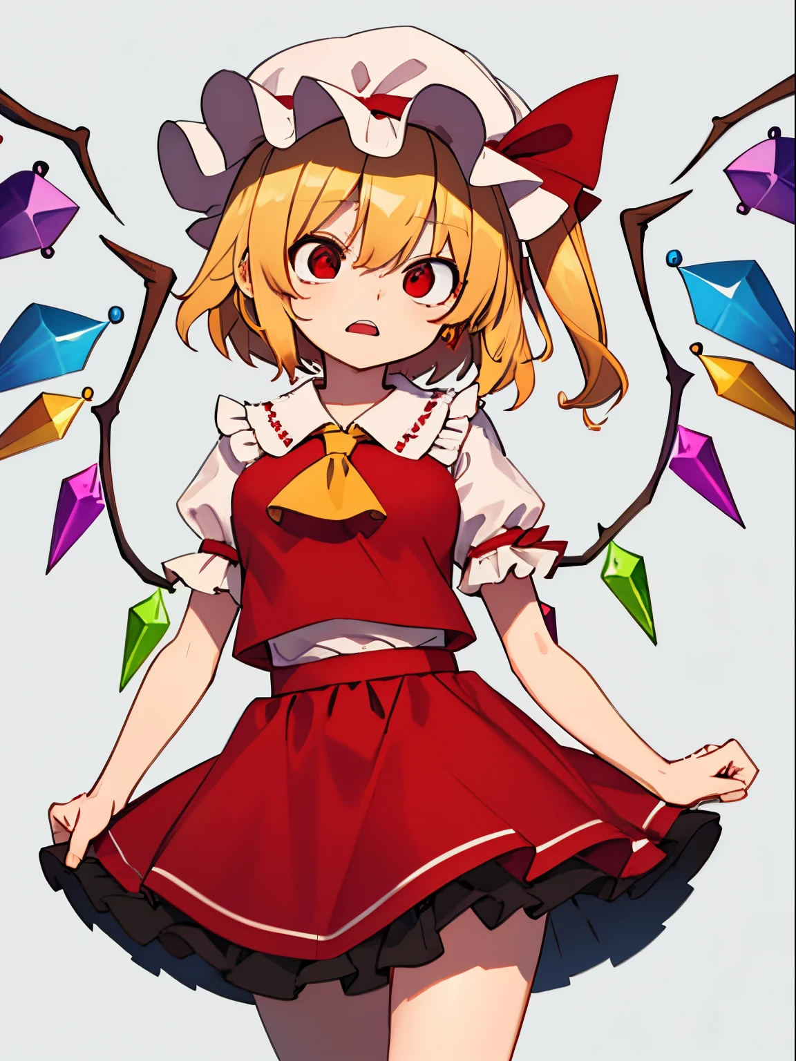 flandre scarlet, white mob cap, amazed, exaggerated expression, red eyes, skirt set, frills, center frills, medium breasts, simple background