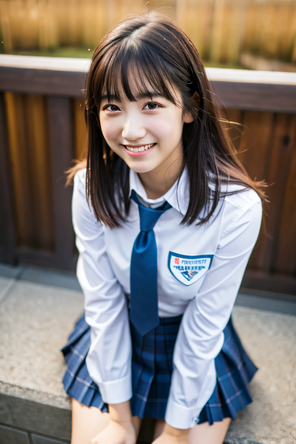 (8K), (Best Quality: 1.2), (Realistic), (Photorealistic: 1.37), Ultra High Definition, 1 Girl, Cute, Smile, Closed Mouth, Beautiful Details, Beautiful Nose, Full Body, Wet Hair, Colossal Dalsefo, Pork, School Uniform, Thighs
