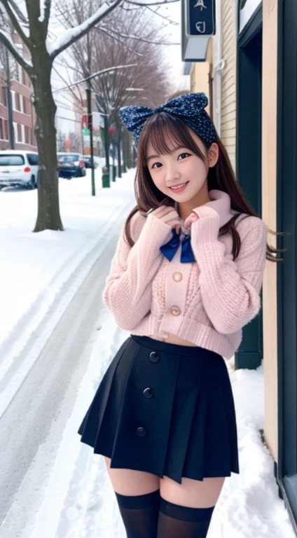 bit girl,kawaii,a skirt,18yr old,issuance,cute big breasts,snow landscape,the street,Super cute,Bow knot,Create the cutest girl