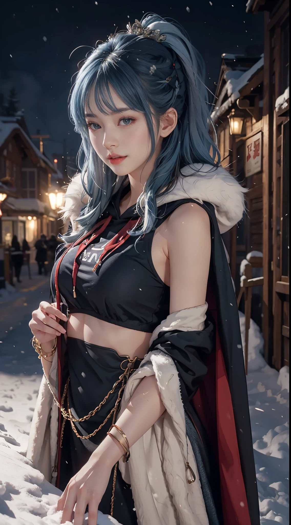 1girll,hoody,fur cape,Blue hair,ssmile,Extra-long hair,cropped shouldereathers hair ornament,城市,the night,snowfield,Heavy snowfall,exteriors,8k,masterpiece,Winning works,