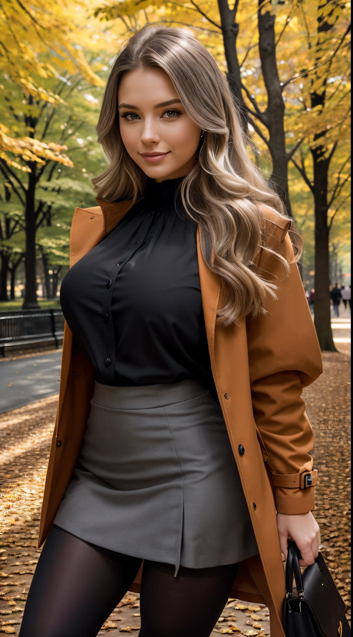 Foto hiperrealista en primer plano de Emily Sears, masterpiece, best quality, (photorealistic:1.4), (dark orange autumn coat over black blouse:1.1), (gray midi mdid skirt:1.2), (black delicate delicate tights:1.2) heels, in the New York Central Park, sunny day,, cinematic light, beautiful woman, skinny, large big breasts, straight blond hair, detailed face, smile, facing the camera, photo taken from a distance, age of 20 years old,