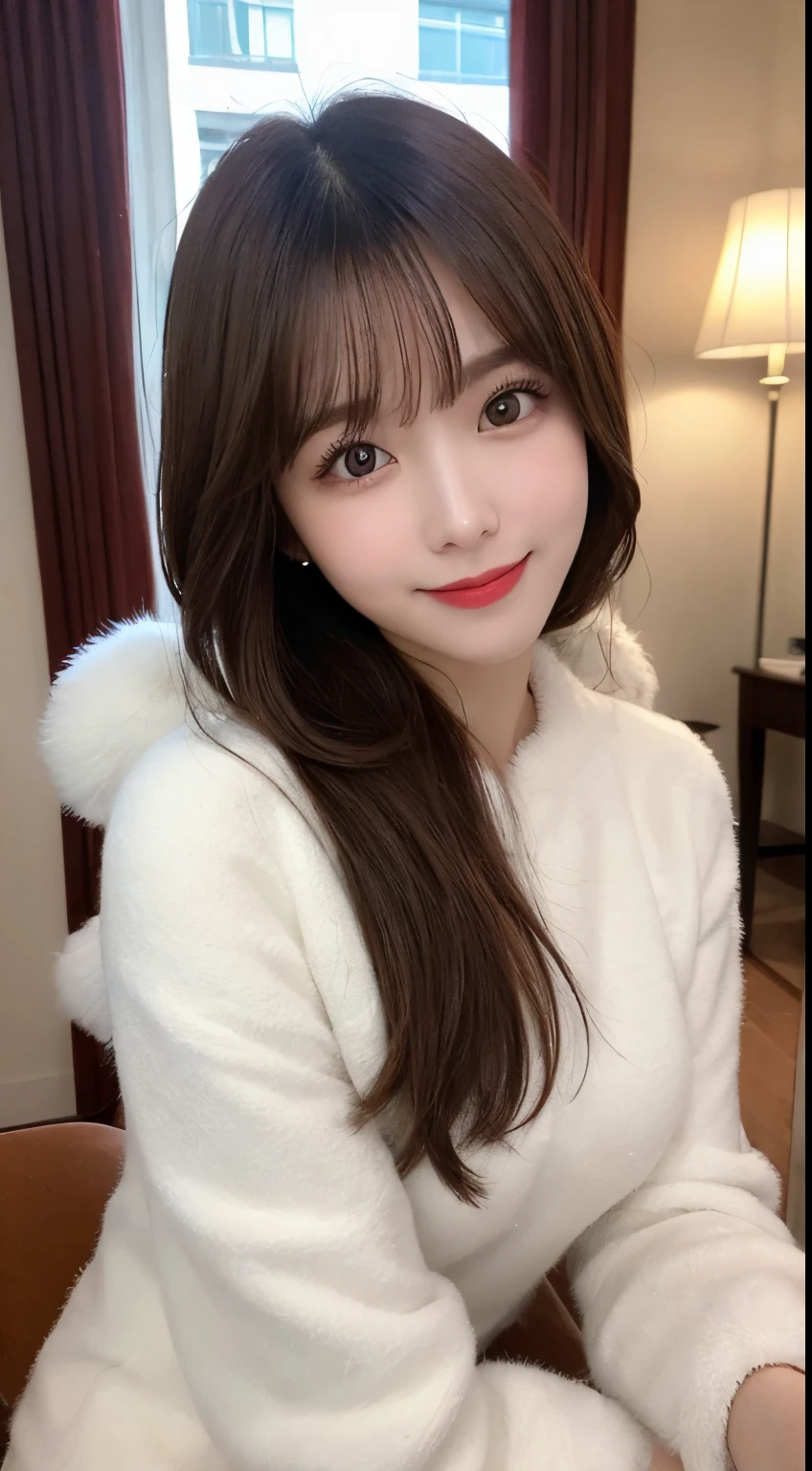 masutepiece, Best Quality, Illustration, Ultra-detailed, finely detail, hight resolution, 8K Wallpaper, Perfect dynamic composition, Beautiful detailed eyes, white fluffy winter clothes,Medium Hair,small tits,Natural Color Lip, Bold sexy poses,Smile,mansion(a room)、20 years girl、Cute、sexy look at the camera,Perfect and beautiful face,Take close-up photos of your face,Take only the face,Blur the background