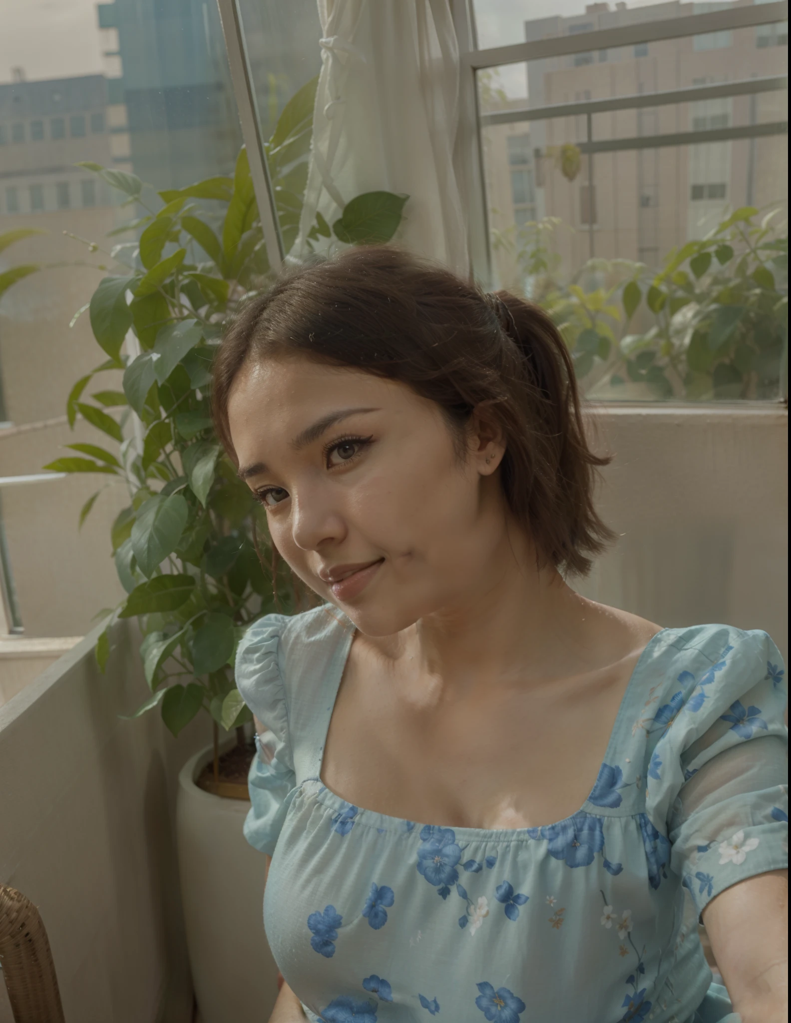 young happy mexican brunette woman sitting on a balcony with a plant in the background, profile pic, profile image, pretty floral dress, c cup breasts cindy avelino, selfie of a young woman,8k selfie photograph, lofi portrait at a window, profile photo, photorealistic, high quality photo