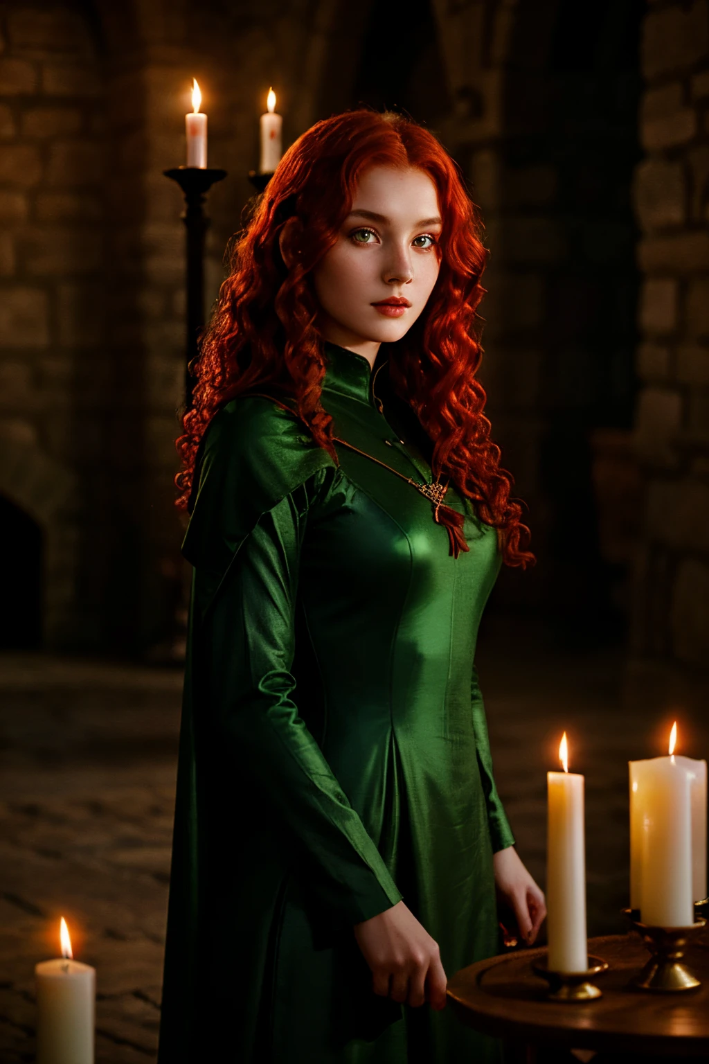 fair complexion, woman around 19 years old, natural curly red hair, green eyes, evil face, wearing kohl, slender and graceful, beautiful, candlelight in a medieval setting, ultra sharp focus, realistic shot, medieval female red clothes, tetradic colors