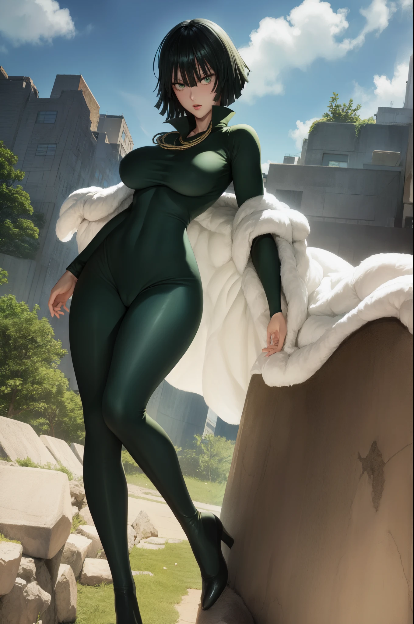 One punch man art style, yusuke murata art style, fubuki from one punch man, green eyes, short deep green hair, wearing black bodysuit, sitting on a city street, matured face, blushing, joyful expression, dynamic pose, big breast, big hips, full body view, big body, fat body,