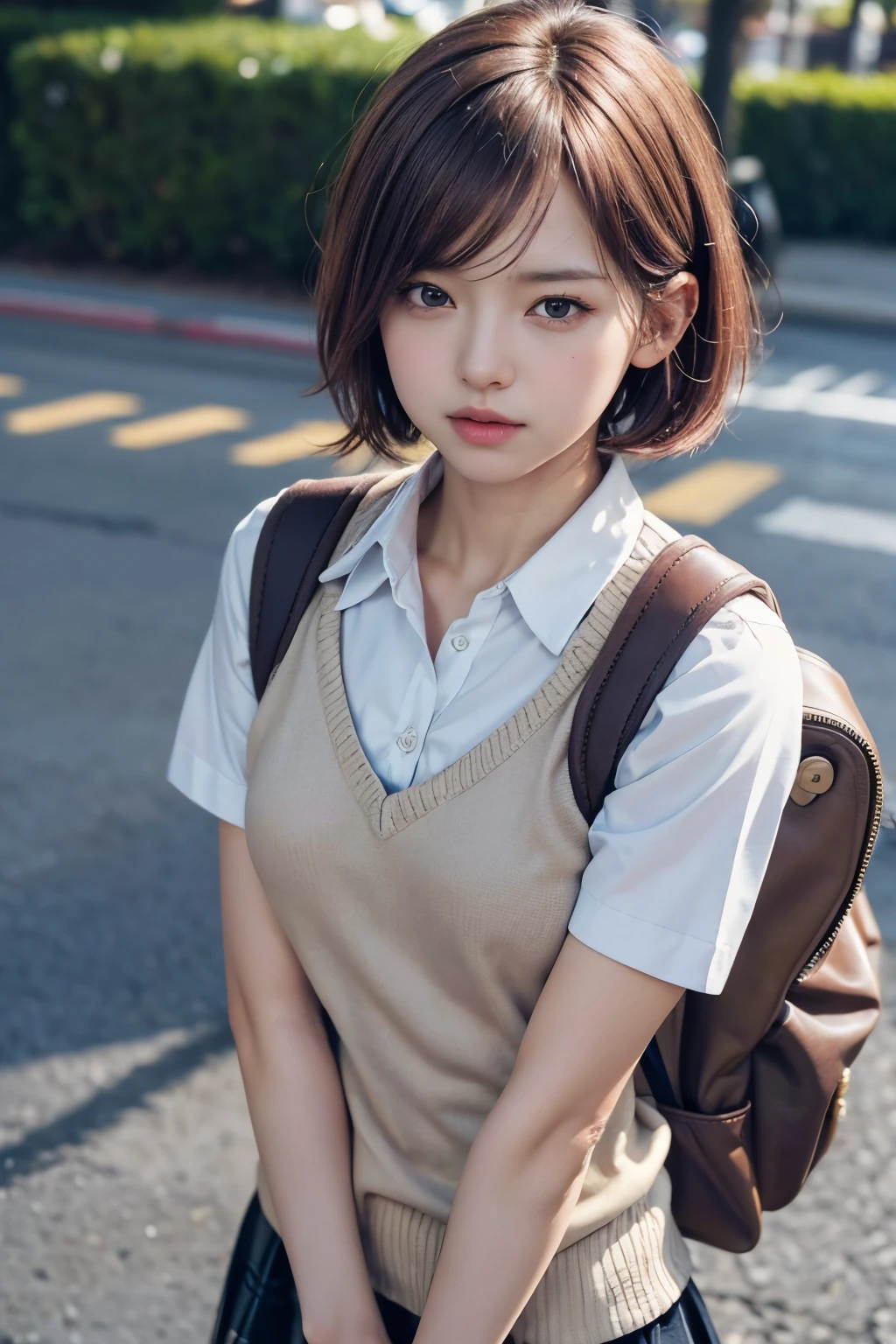 (8K, best quality, masterpiece: 1,2), (realistic, the photo is real: 1.37), super detail, one girl, ), (very detailed), (beautiful detailed eyes), (best quality ), (super detailed), (masterpiece), (detailed face), 20 years old, 1 girl, full body, pink hair, very short hair, medium breasts, fully clothed, perfect lighting, pussy and Focus on chest, looking at viewer, excited face, mischievous face, brown hair, short hair, hair ornament, hair clip, mouth closed, sweater vest, white shirt, backpack, bag, facing down, shirt, short sleeves, uniform, going to school road, on the way to school