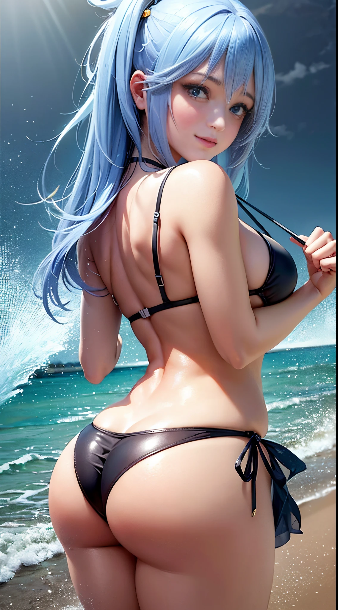 (Obra maestra, Vibrante escena de playa:1.2), (aqua de konosuba:1.5) , (Enjoying a sunny day:1.1), (con un bikini blanco de tanga:1.4), (Well-endowed bust and curvilinear melt:1.4) , (cuerpo proporcional a pesar de su baja estatura:1.1), (Photograph taken from behind to highlight your buttocks:1.5) , (Slowly turning to look at the camera:1.2), (playful expression:1.1), (capturando su belleza y confianza:1.1), (Ambiente junto al mar:1.1), (Refreshing ocean waves:1.1) hiperdetallado, Detalles locos, bellamente graduado de color, Motor irreal, DOF, Super-Resolution,Megapixel, Cinematic Lightning, Antialiasing, FKAA, TXAA, RTX,SSAO,Procesamiento posterior, Post Production, Mapeo de tonos, .cgi, VFX, SFX, insanely detailed and intricate , Hiper maximalista, hiperrealista, volumetic, fotorrealista, ultra fotorrealista, Ultra detallado, Detalles intrincados,8k, Super detailed , a todo color, volumetric illumination, HDR, realista, Motor irreal, 16k, foco nítido. Renderizado de octanaje