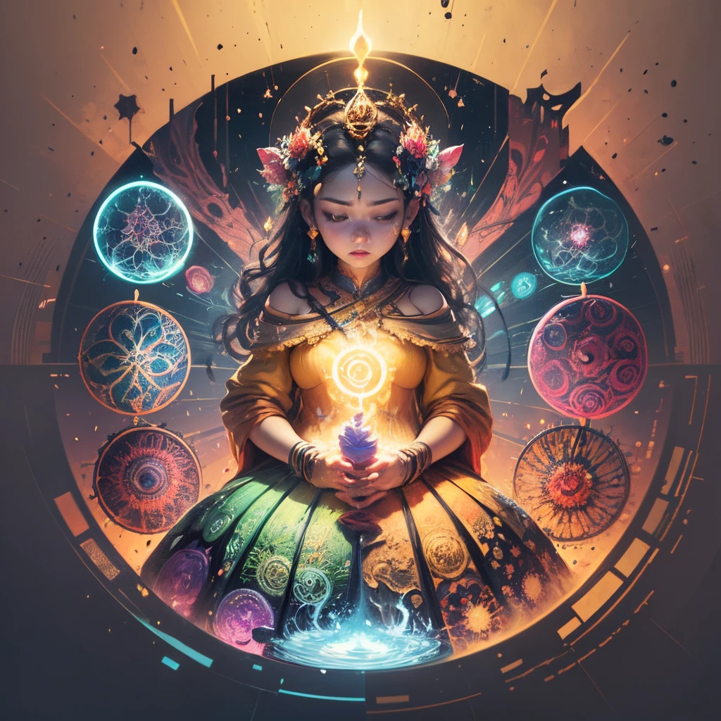 Create a captivatineditation music channel cover with a Chakra theme. Incorporate the elements of the seven Chakras with their respective colors and symbols—Root (Red), Sacral (Orange), Solar Plexus (Yellow), Heart (Green), Throat (Blue), Third Eye (Indigo), and Crown (Violet). Ensure a sense of balance and energy flow by representing the layers of the Chakras. Emphasize tranquility and meditation through soft tones, flowing lines, and harmonious patterns. Consider adding natural elements related to the Chakras, such as flowers, water droplets, or trees, to enhance the overall feel. Create a design that conveys a sense of serenity, meditation, and inner balance. Experiment with styles like abstract, geometric, watercolor, etc., to find the one that best captures the desired atmosphere. Keep the design  yet captivating, avoiding excessive complexity for clarity. Feel free to explore various artistic styles to achieve the intended visual impact --auto --s2
