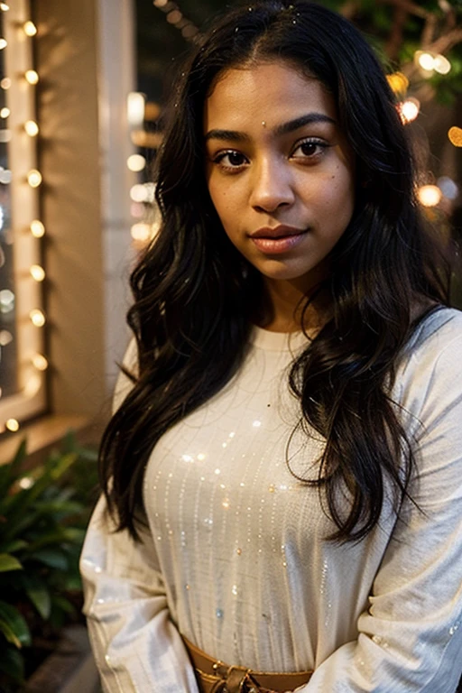 a selfie of Maya, the 23-year-old African American girl, standing in awe as she gazes at holiday lights. Her long, flowing black hair frames her face, and her hazel eyes sparkle with wonder. Capture this magical moment with a high-quality cellphone camera, emphasizing the enchanting glow of the holiday lights and the joy reflected in Maya's expression.