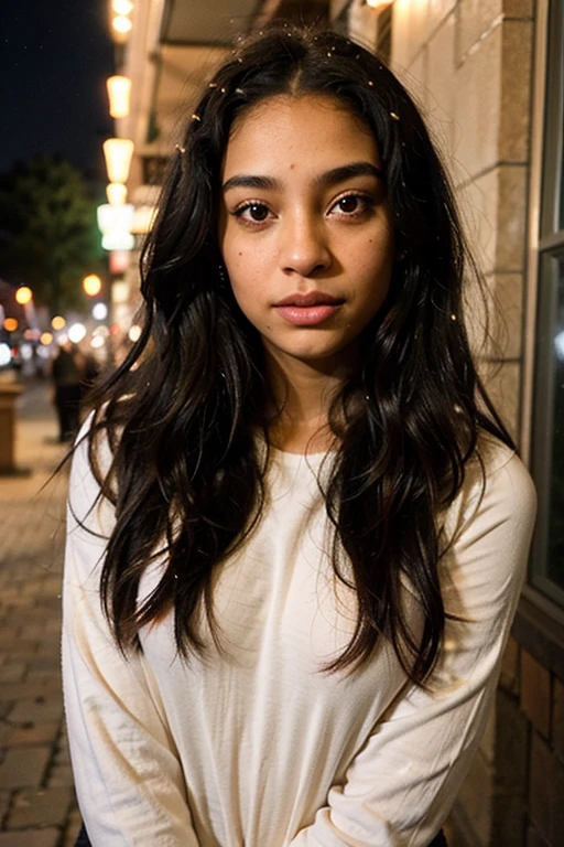 a selfie of Maya, the 23-year-old African American girl, standing in awe as she gazes at holiday lights. Her long, flowing black hair frames her face, and her hazel eyes sparkle with wonder. Capture this magical moment with a high-quality cellphone camera, emphasizing the enchanting glow of the holiday lights and the joy reflected in Maya's expression.