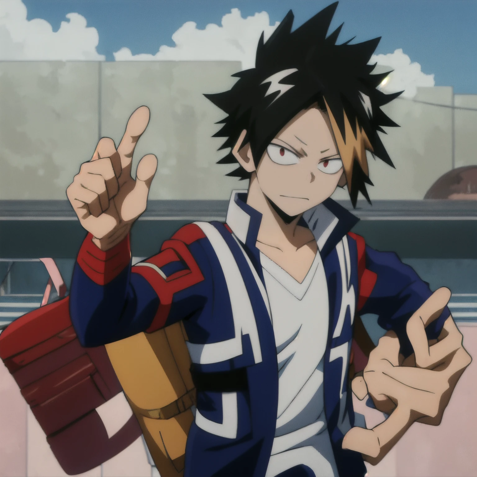 A -yeld stnt at UA High School (do anime my hero academia) with black hair and red eyes wearing the male uniform of a UA high school student wearing a backpack on his back. The 16-year-o bo leav UA high school.