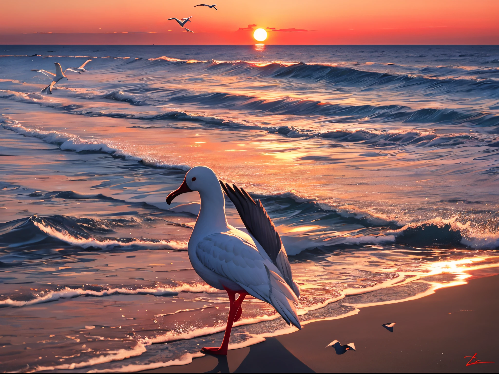 The landscape，setting sun，sea beach，Sea geese soar in the sky，Fiery red sky，Impressive，inspirational，（tmasterpiece，best qualtiy：1.2），ultra - detailed，cinmatic lighting，HDR，