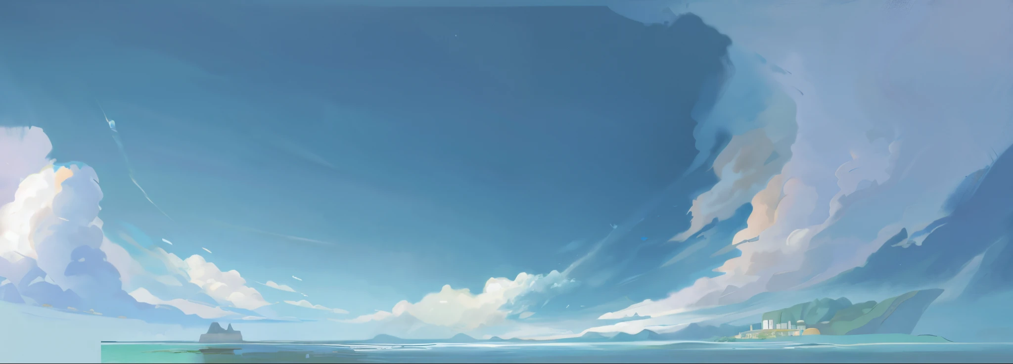 There a painting of Bali seascape,In the background are the sky, Detailed landscape map, Nice clouds,Ultimate depth of field,extreme hight detail,anime landscape wallpapers, anime realistic scenery, Anime Sky, Blue sea. anime realistic scenery, Anime background art, Makoto Shinkai's style, Anime Cloud, Beautiful floating clouds. scenery wallpaper,highest quality,16K.