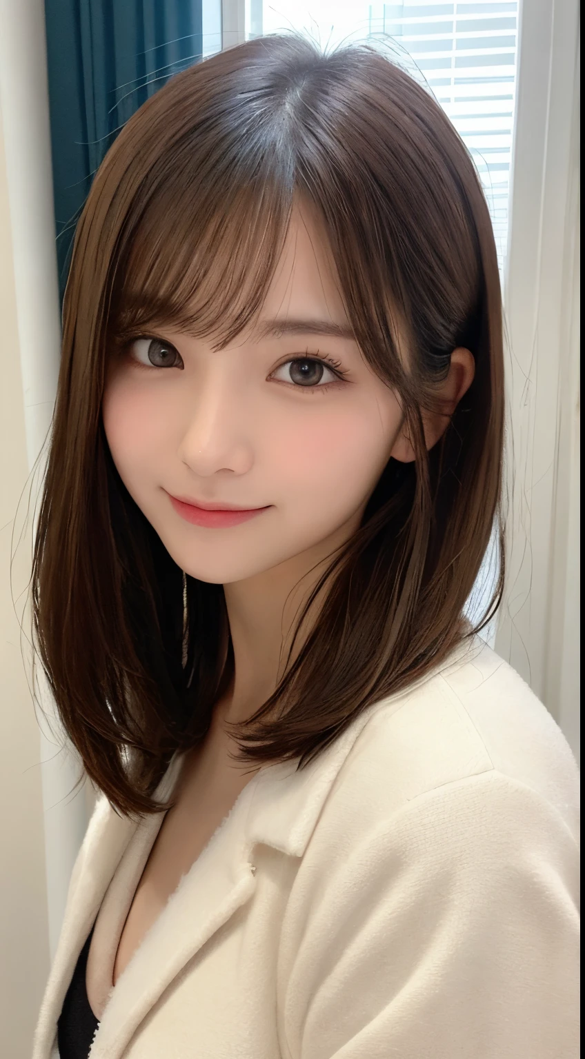 masutepiece, Best Quality, Illustration, Ultra-detailed, finely detail, hight resolution, 8K Wallpaper, Perfect dynamic composition, Beautiful detailed eyes, white fluffy outerwear,Medium Hair,small tits,Natural Color Lip, Bold sexy poses,Smile,Luxury Mansion(a room)、20 years girl、Cute、sexy look at the camera,Perfect and beautiful face,Take close-up photos of your face,Take a picture by bringing your face closer to the camera,Blur the background
