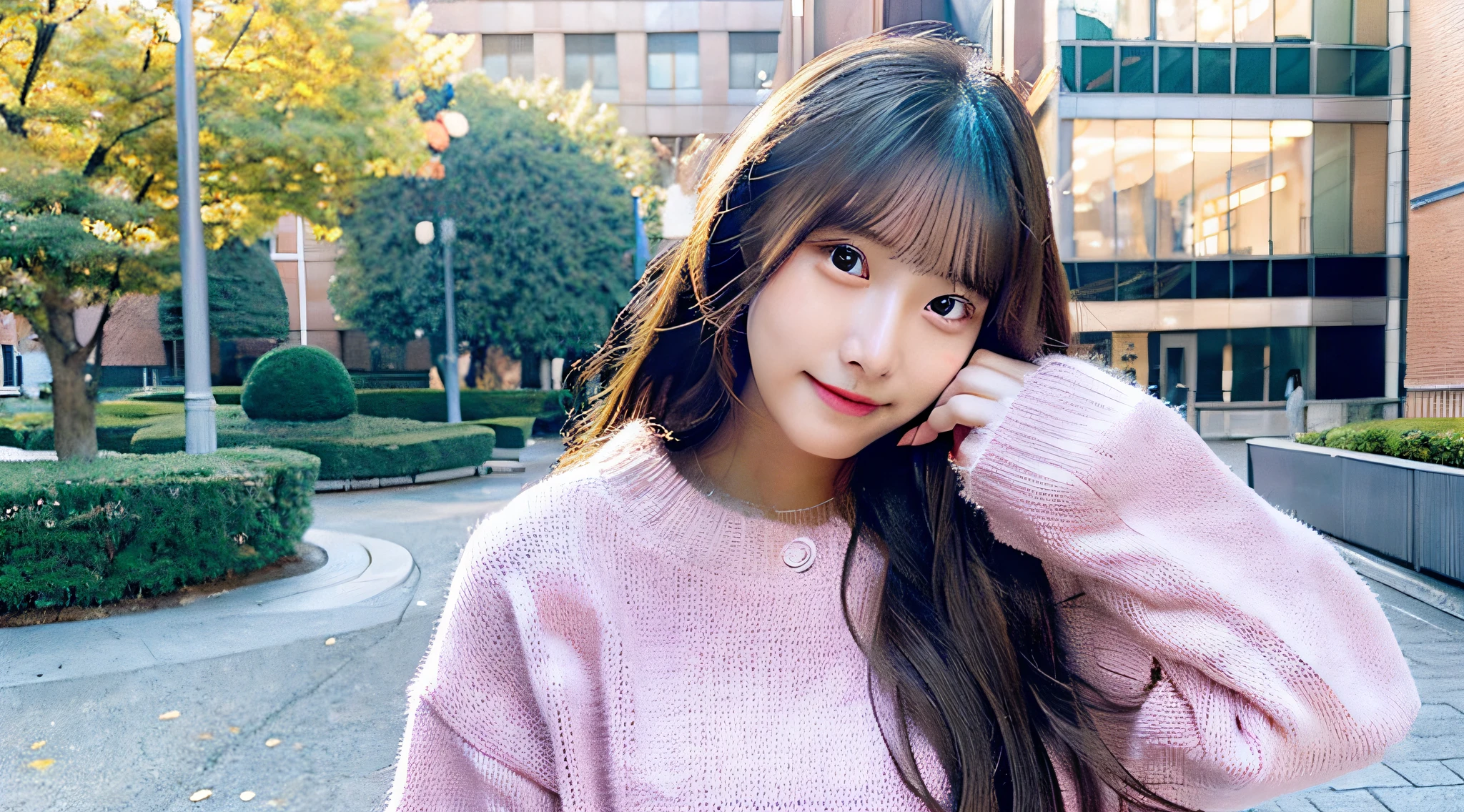 Cute female college student 18 years old wearing a pink sweater