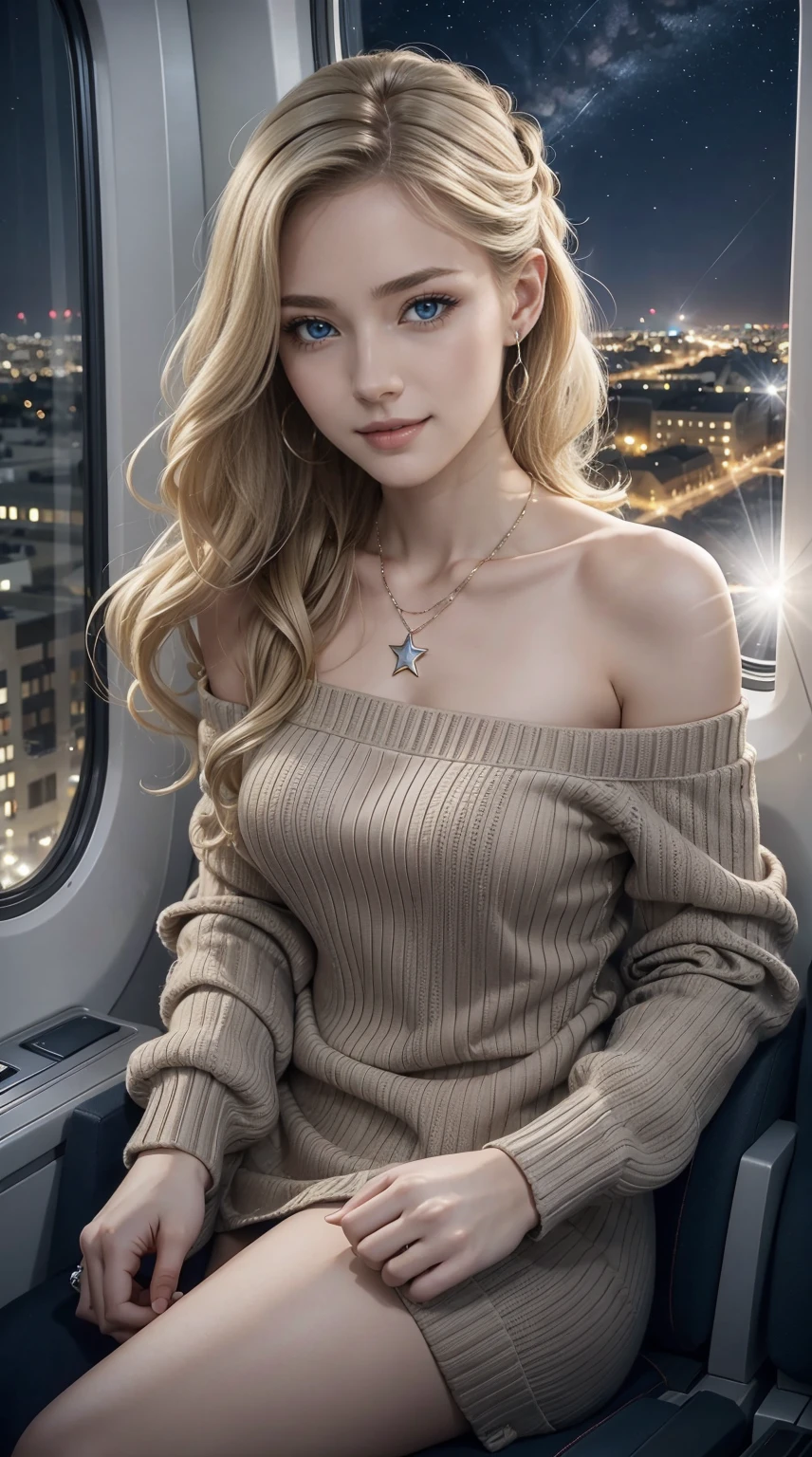 25-year-old Caucasian woman、ash blonde、blue eyess、Semi-long、setting hair、Hair is up、My hair is wavy、Slender but thin macho、accessories on the wrist、wearing a chain necklace、Beautiful breasts、a smile、wearing a one-shoulder sweater dress、I&#39;m sitting in the window seat of an airplane flying over the city at night.、Star-filled sky in the night sky、Shooting stars are also falling
