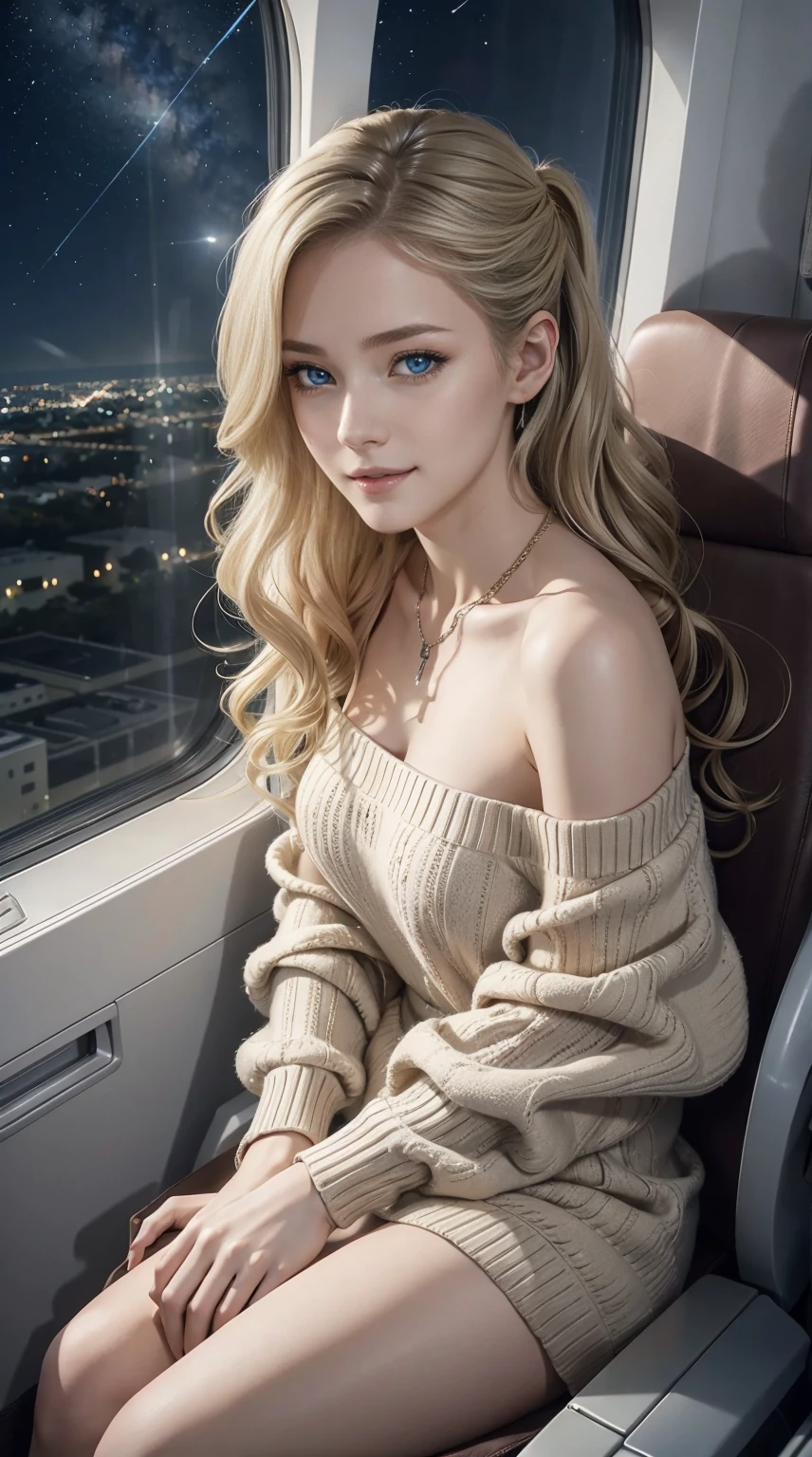 25-year-old Caucasian woman、ash blonde、blue eyess、Semi-long、setting hair、Hair is up、My hair is wavy、Slender but thin macho、accessories on the wrist、wearing a chain necklace、Beautiful breasts、a smile、wearing a one-shoulder sweater dress、I'm sitting in the window seat of an airplane flying over the city at night.、Star-filled sky in the night sky、Shooting stars are also falling