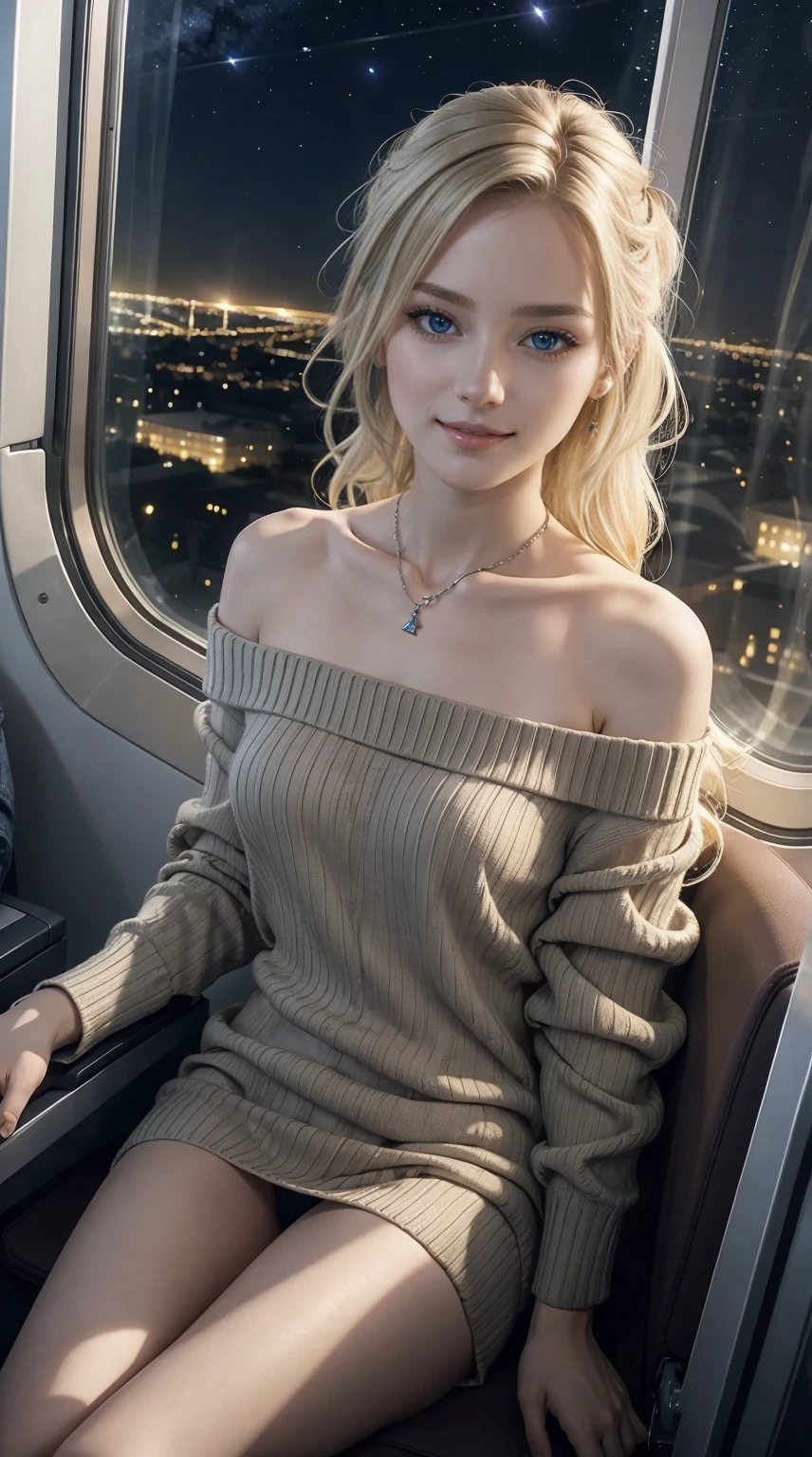 25-year-old Caucasian woman、ash blonde、blue eyess、Semi-long、setting hair、Hair is up、My hair is wavy、Slender but thin macho、accessories on the wrist、wearing a chain necklace、Beautiful breasts、a smile、wearing a one-shoulder sweater dress、I&#39;m sitting in the window seat of an airplane flying over the city at night.、Star-filled sky in the night sky、Shooting stars are also falling