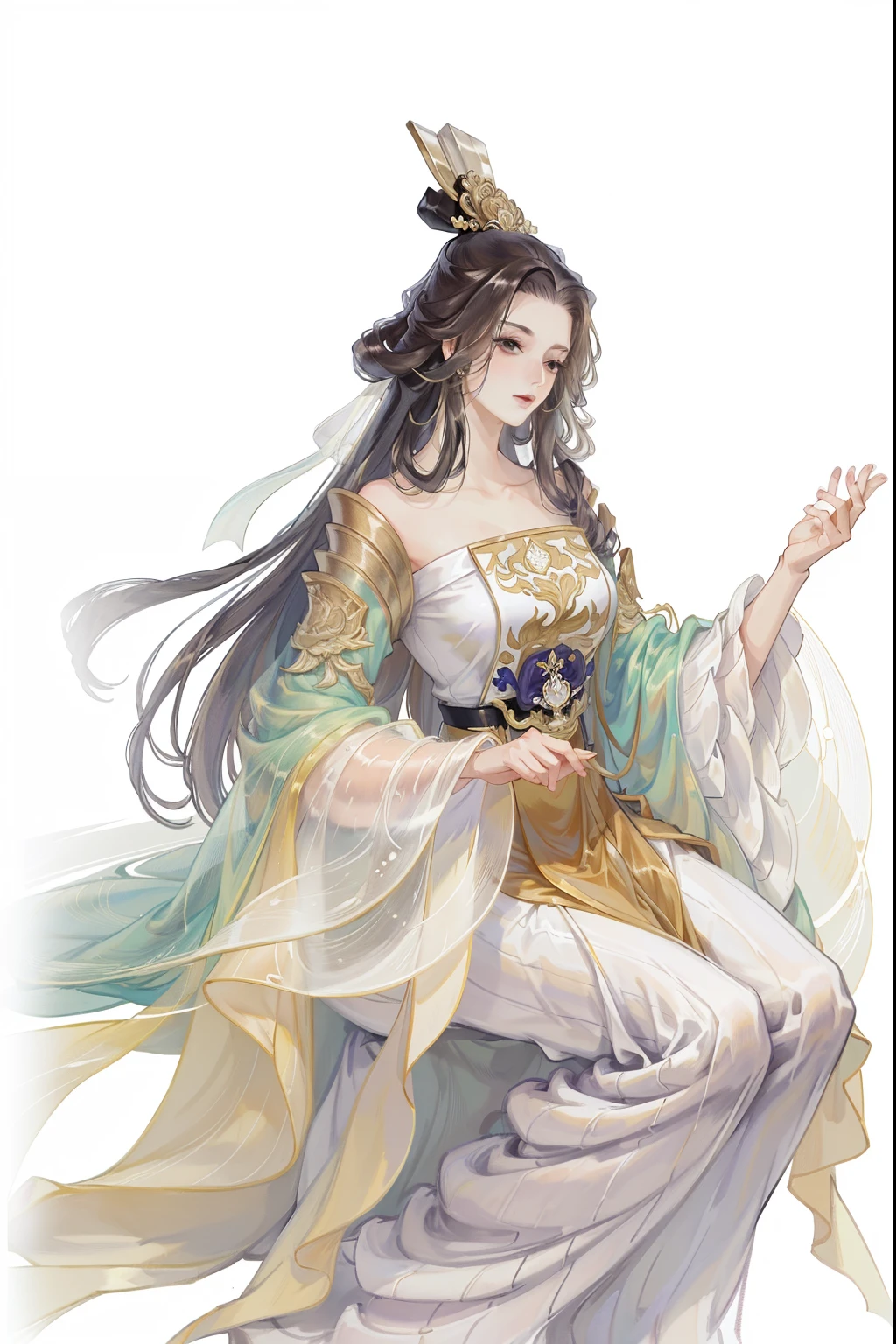 (((tmasterpiece, Best quality at best, 超高分辨率, CG unified 8K wallpaper, Best quality, ultra - detailed, ultra HD picture quality))), 1 beautiful, Long white hair, game fairy, Golden clothes, Hanfu, yarn, flowing gauze, jewely, Nice face, beautidful eyes, Beautiful hairstyle, Beautiful costumes, Structurally sound