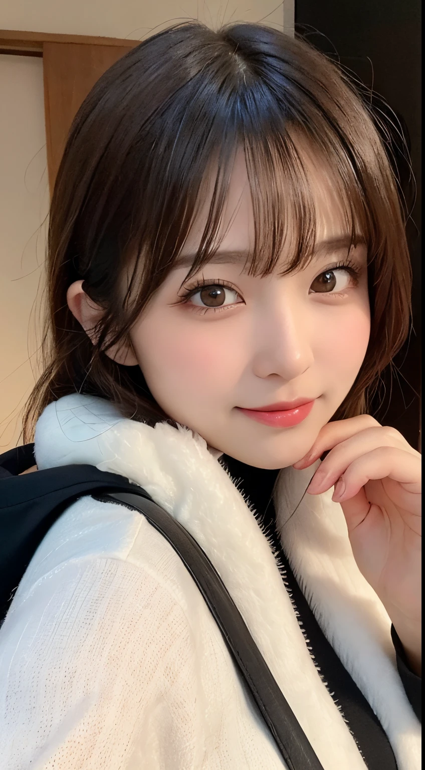 masutepiece, Best Quality, Illustration, Ultra-detailed, finely detail, hight resolution, 8K Wallpaper, Perfect dynamic composition, Beautiful detailed eyes, black fluffy outerwear,Medium Hair,small tits,Natural Color Lip, Bold sexy poses,Smile,Luxury Mansion(a room)、20 years girl、Cute、sexy look at the camera,Perfect and beautiful face,Take close-up photos of your face,Bring your face close to the camera and take a photo,Blur the background