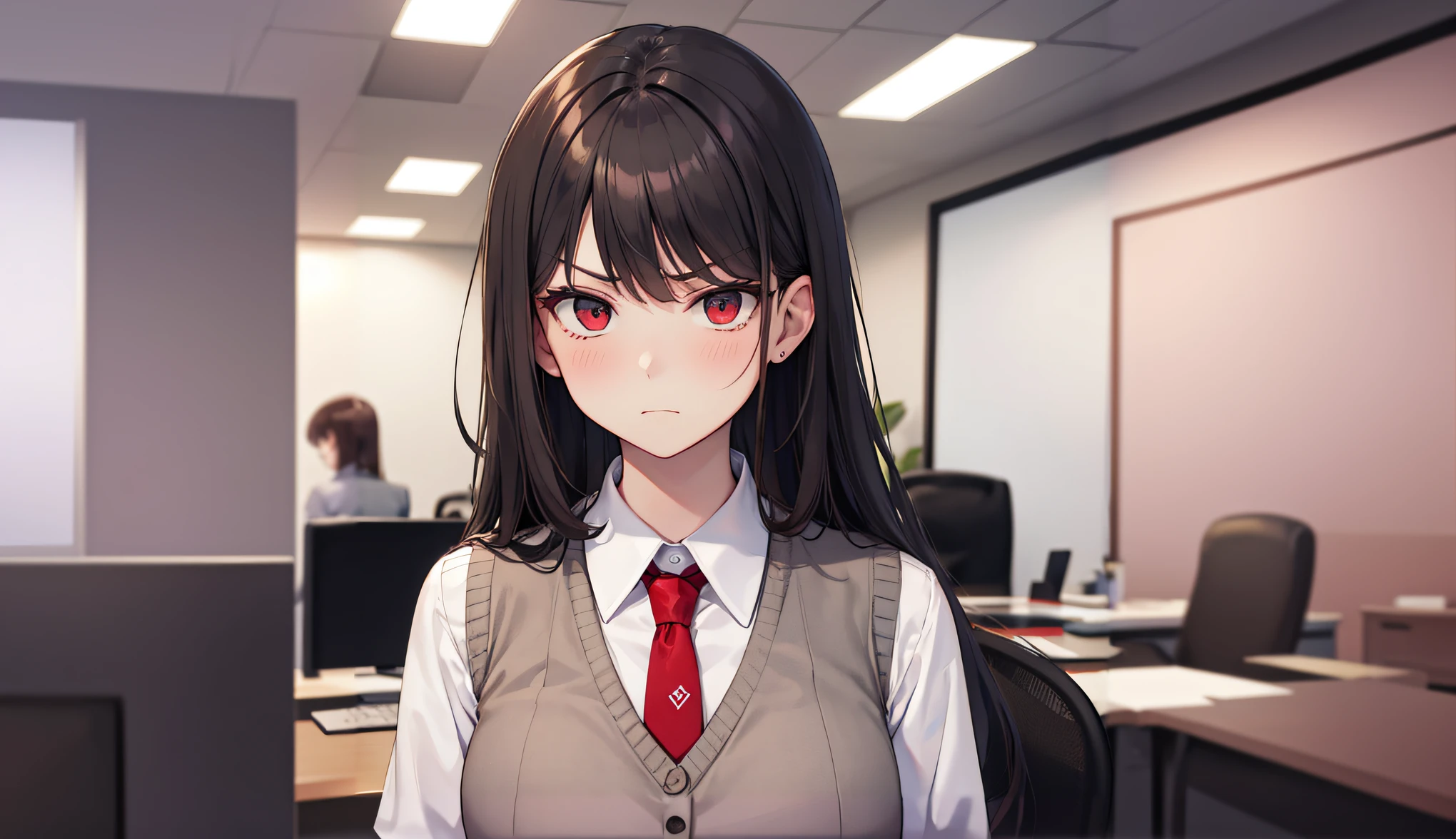 The background is office、desk work、ceiling、walls