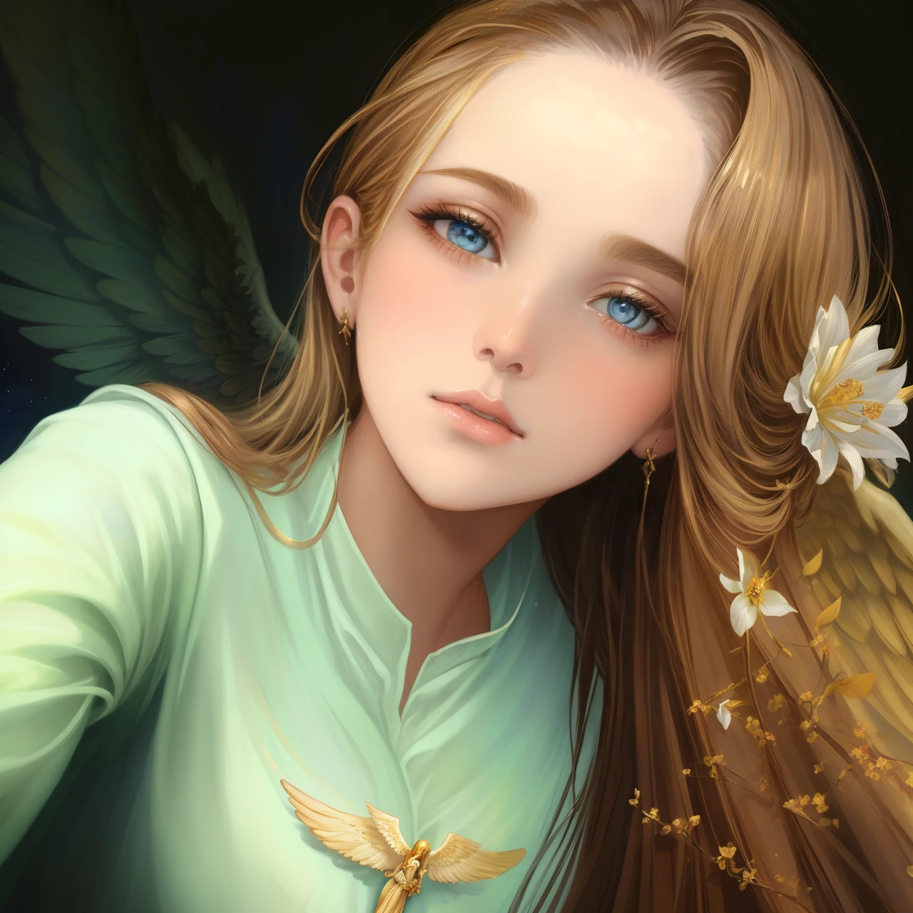 Painting "Woman with wings in a flower field", Portrait of a Beautiful Angel, Emma Watson as Angel, full - body majestic angel, Angel, tall female angel, Beautiful angel woman, A Beautiful Angel, Tom Bagshaw Donato Giancola, Full of pictures of angels, Beautiful Angel, an angel of the dawn light, Goddess in the Field of Flowers, blue-eyed