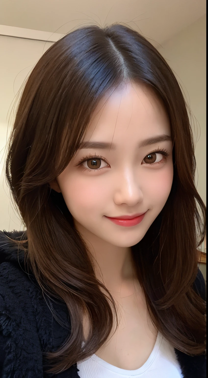 masutepiece, Best Quality, Illustration, Ultra-detailed, finely detail, hight resolution, 8K Wallpaper, Perfect dynamic composition, Beautiful detailed eyes, black fluffy outerwear,Medium Hair,small tits,Natural Color Lip, Bold sexy poses,Smile,Luxury Mansion(a room)、20 years girl、Cute、sexy look at the camera,Perfect and beautiful face,Take close-up photos of your face,Bring your face close to the camera and take a photo,Blur the background