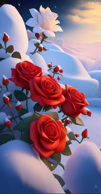 There are three roses in the snow on the ground, rosette, red rose, blond hairbl, red rose on top,, beautiful wallpaper, wallpaper hd, beautiful scence, beautiful flowers, rosette, beautiful nature, red rose, beautiful digital painting, Beautiful digital artwork, Beautiful HD, beatiful background, beautiful digital art, The beautiful