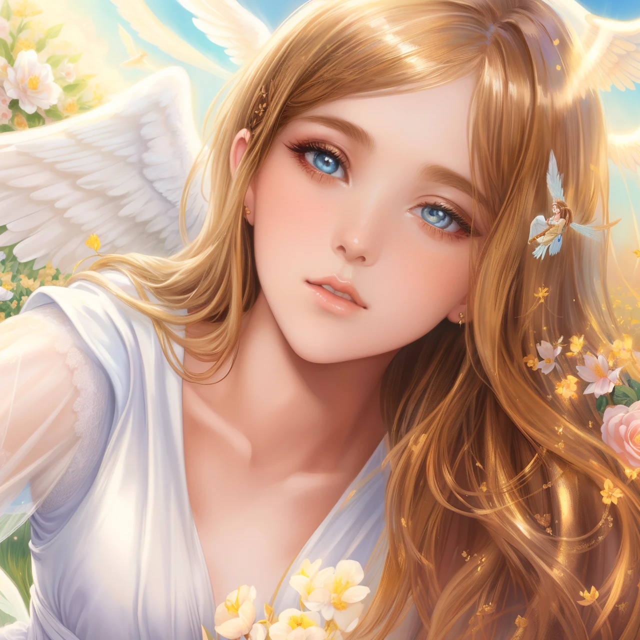 Painting &quot;Woman with wings in a flower field&quot;, Portrait of a Beautiful Angel, Emma Watson as Angel, full - body majestic angel, Angel, tall female angel, Beautiful angel woman, A Beautiful Angel, Tom Bagshaw Donato Giancola, Full of pictures of angels, Beautiful Angel, an angel of the dawn light, Goddess in the Field of Flowers,  blue-eyed