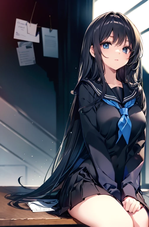 ((8k, ultra-detailed, master piece, best quality, high resolution,)) 18year old, 1 person, large and beautiful breasts , Blue eyes, ( long black hair girl, navel, (arms behind back))A slight smile, High school students, (black sailor suit, black sailor uniform, Black pleated skirt) Sitting on a desk, school, classroom, shoot from below