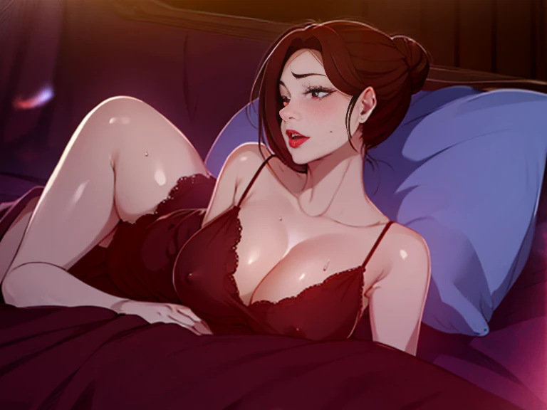 masterpiece:1.5, best quality:1.5, aesthetic, 1girl, sidelocks, cinematic lighting, sharp focus,large breasts , mature female, horny ,16k, glowing eyes, detailed 4k eyes,
playground,seduction,sexy lips, parted lips,detailed lips,
red lips, high detailed background,((big purple eyes)), detailed face,shiny skin,
auntjunev3,auntjune,,hair bun, bangs, messy hair, 
dress,red dress, sleeveless dress, collarbone,nightgown, cleavege, panting, sweating,sticking out tunge, hard nipples, laying down on bed,  exhausted, tired, one strap of dress falling off shoulder, laying on back looking up, getting fucked by dae-ho